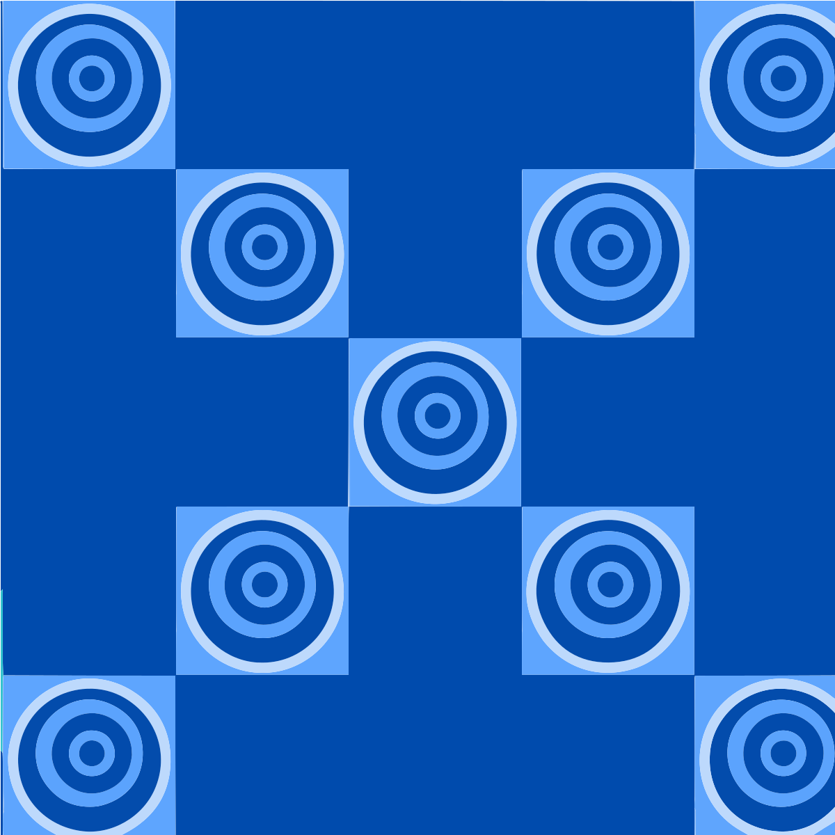 Un patrón repetitivo de círculos concéntricos azul claro sobre azulejos cuadrados azul oscuro