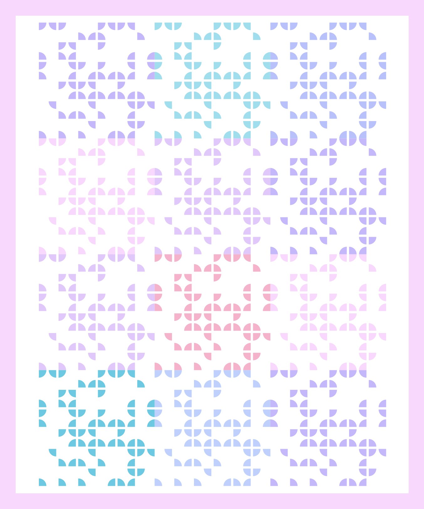 Un motivo di piccoli semicerchi in blu pastello, rosa e viola su bianco