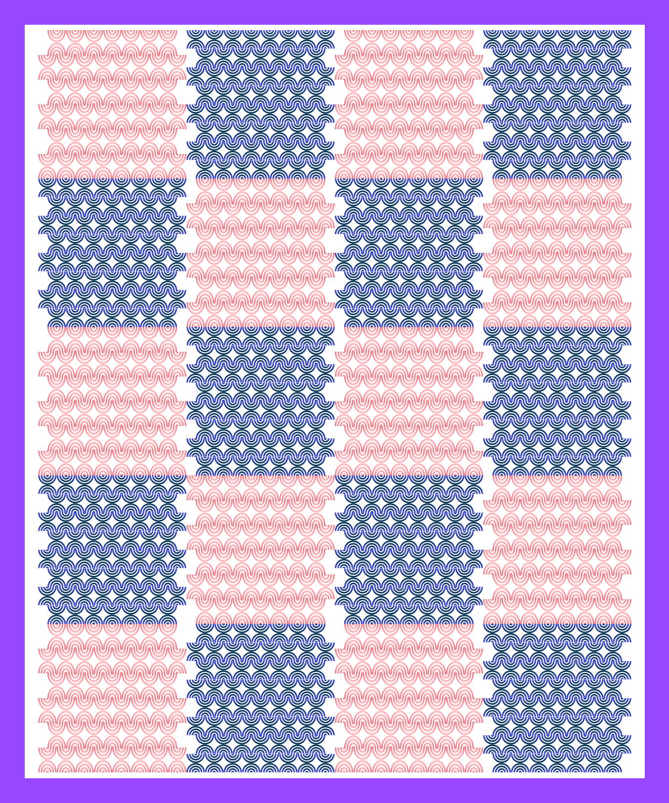 Un motivo ripetuto di strisce verticali con motivi alternati di onde blu e rosa
