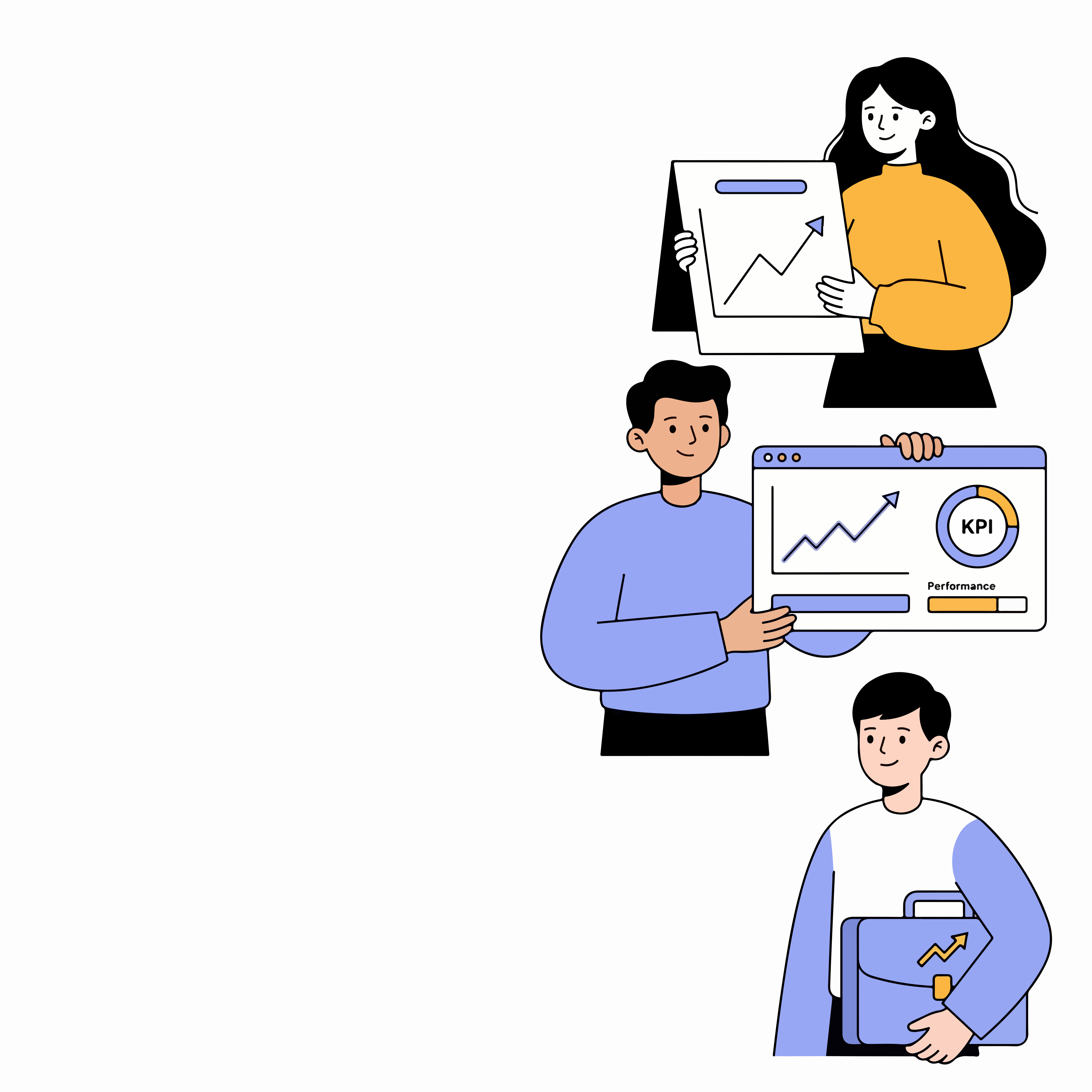 Tiga orang memegang grafik dan sebuah koper berisi data kinerja bisnis