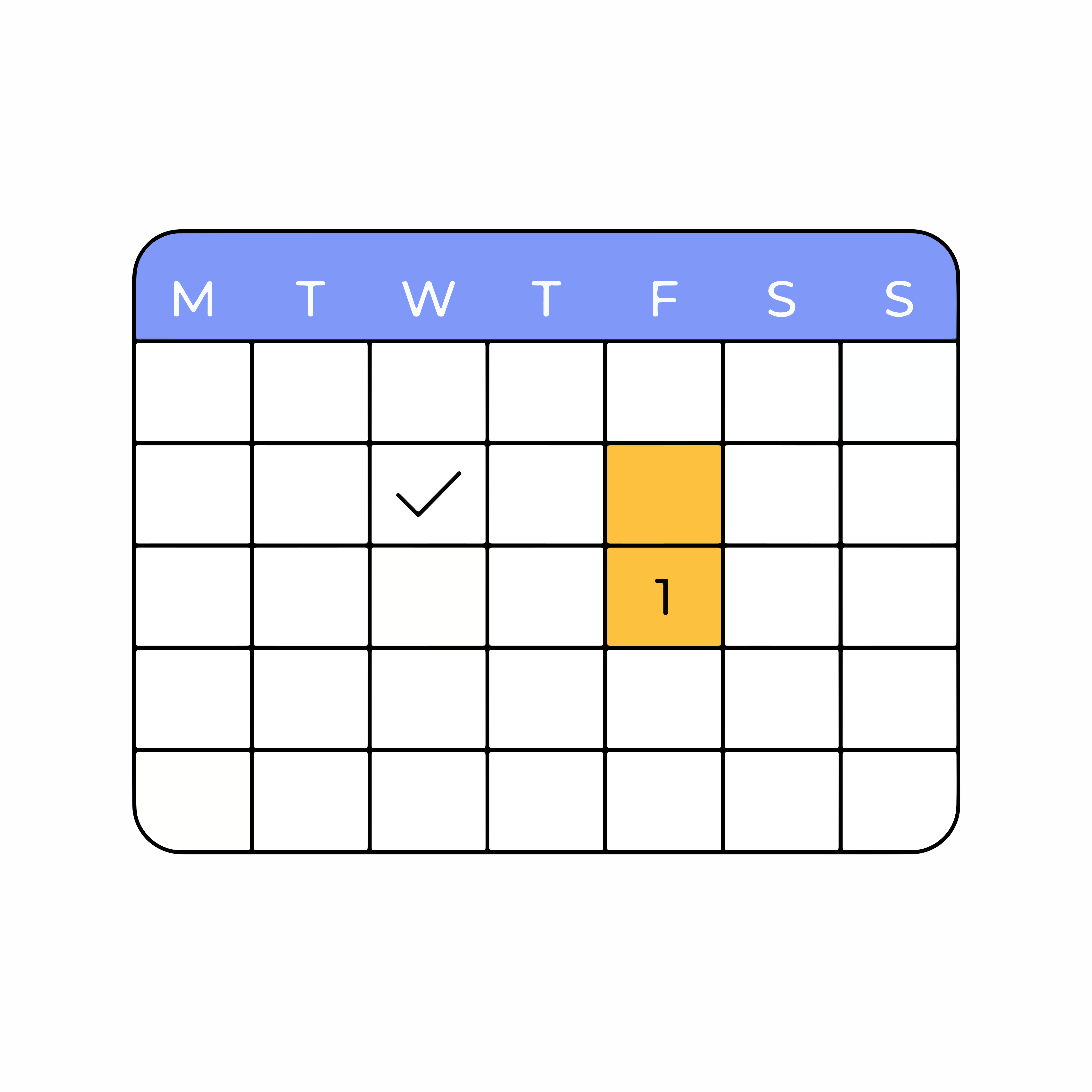 Uma grade de calendário com um seletor na quarta-feira e o número um destacado amarelo