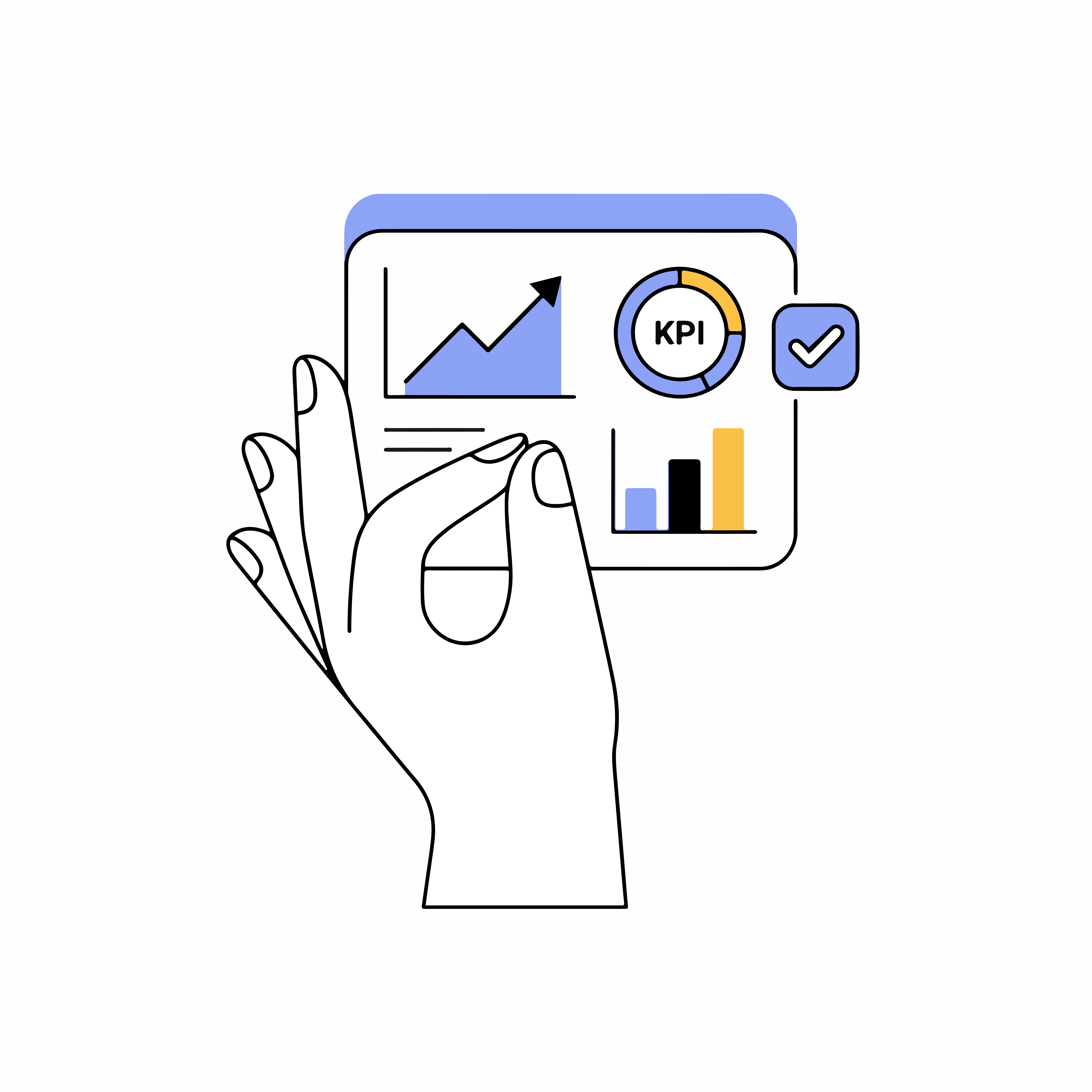 Una mano che tiene un tablet digitale che mostra un grafico a linee e un grafico KPI