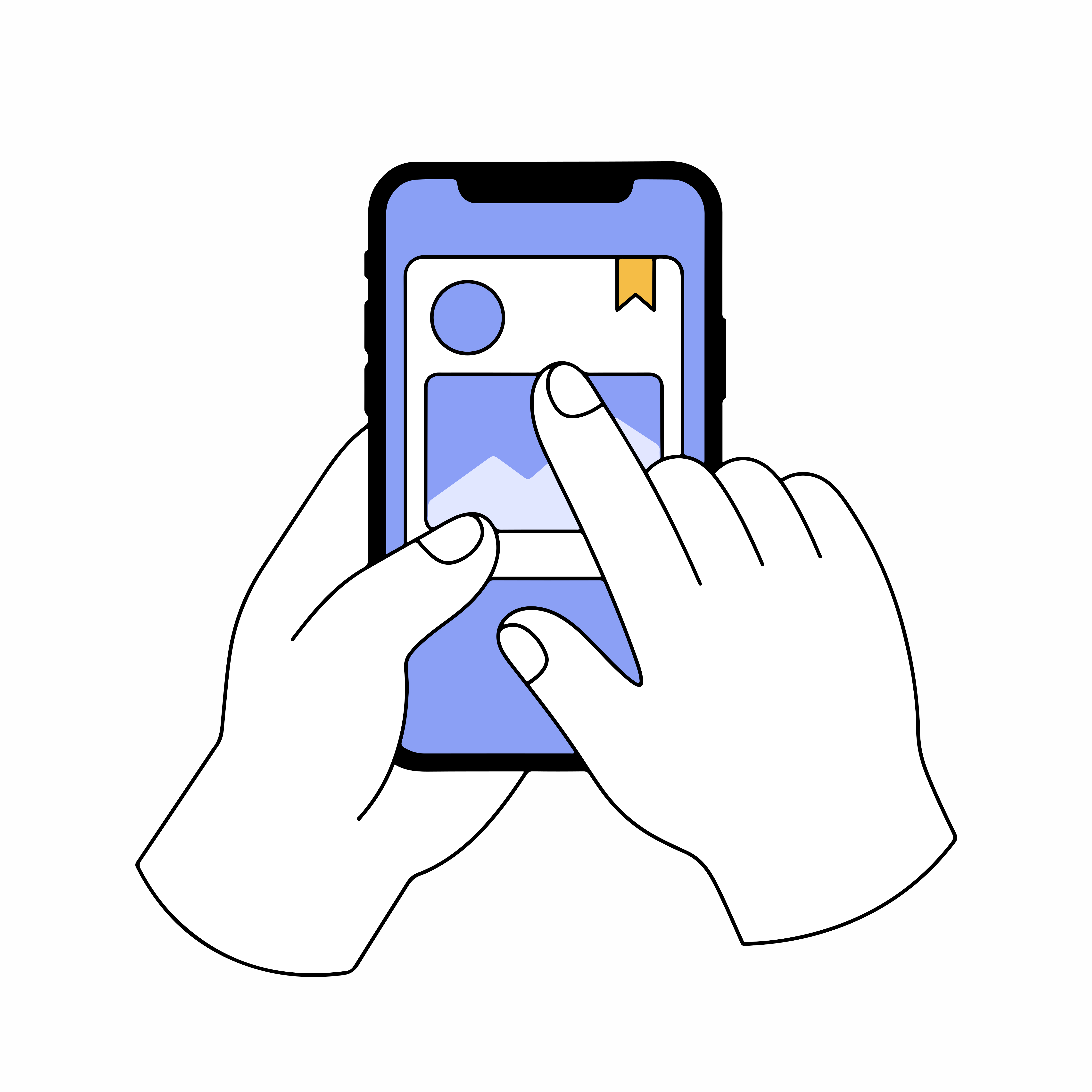スマートフォンを手に取り、画面をタップして投稿をブックマークする