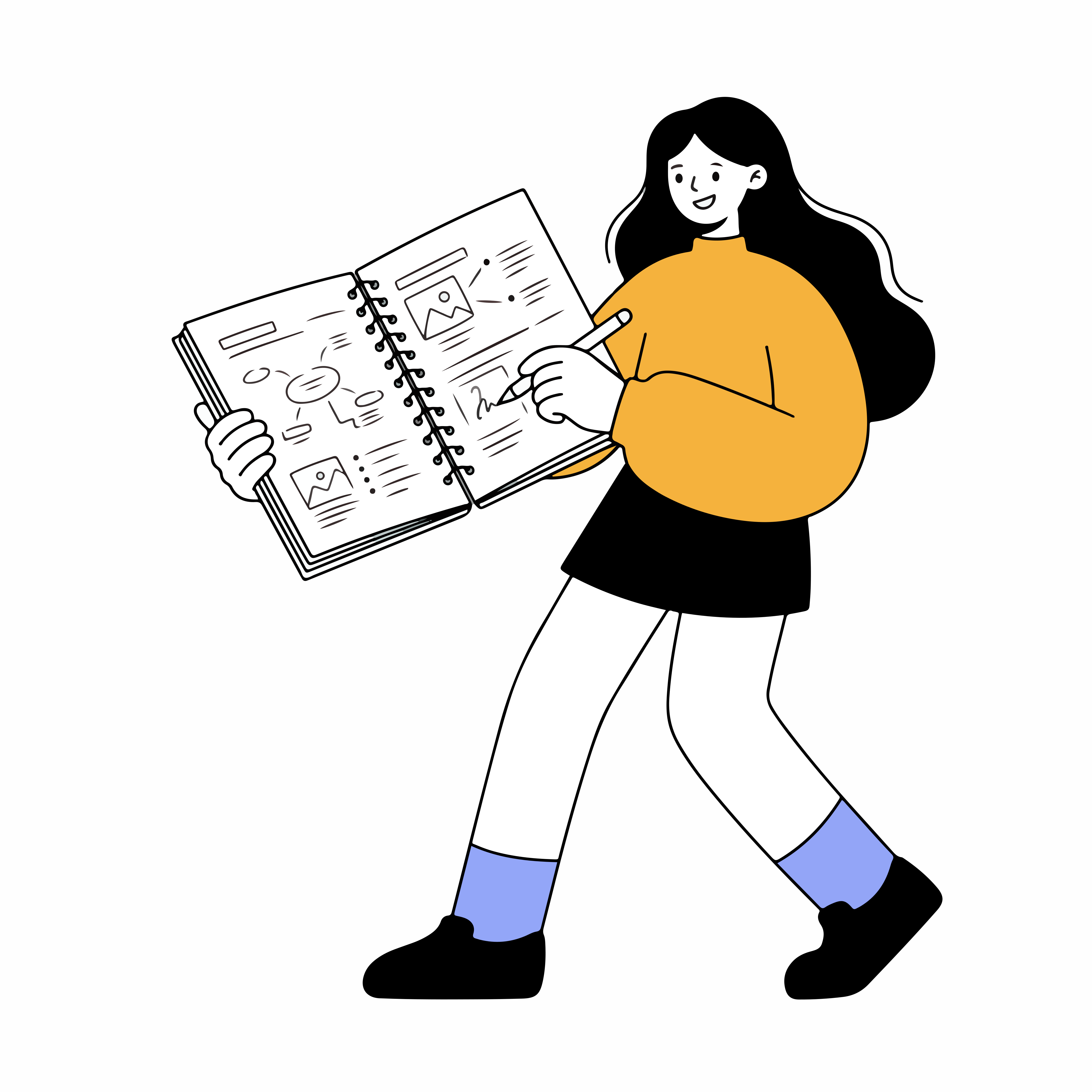 Una mujer con un jersey amarillo escribiendo en un cuaderno abierto de espiral