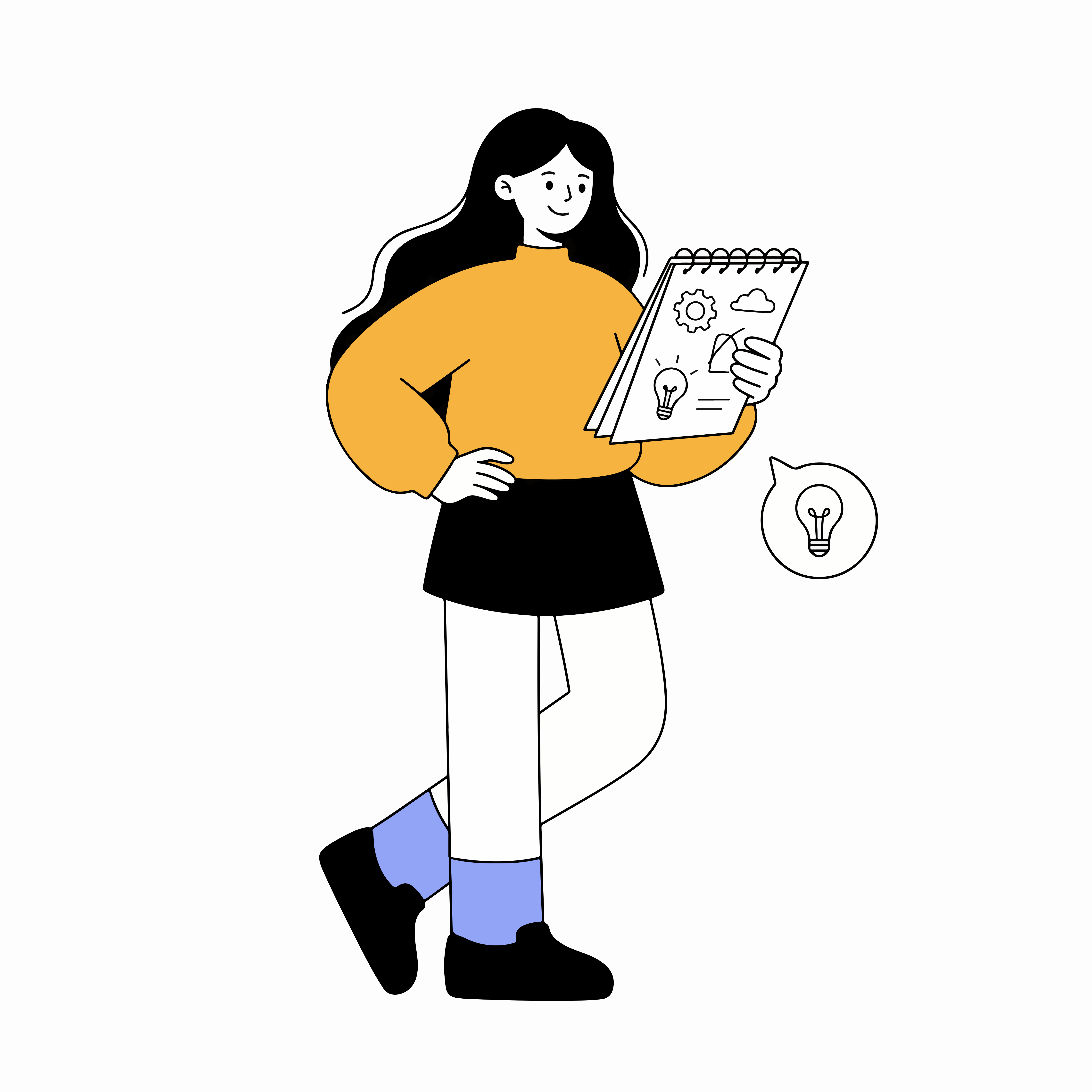Una mujer con un jersey amarillo sosteniendo un cuaderno con bocetos de bombillas