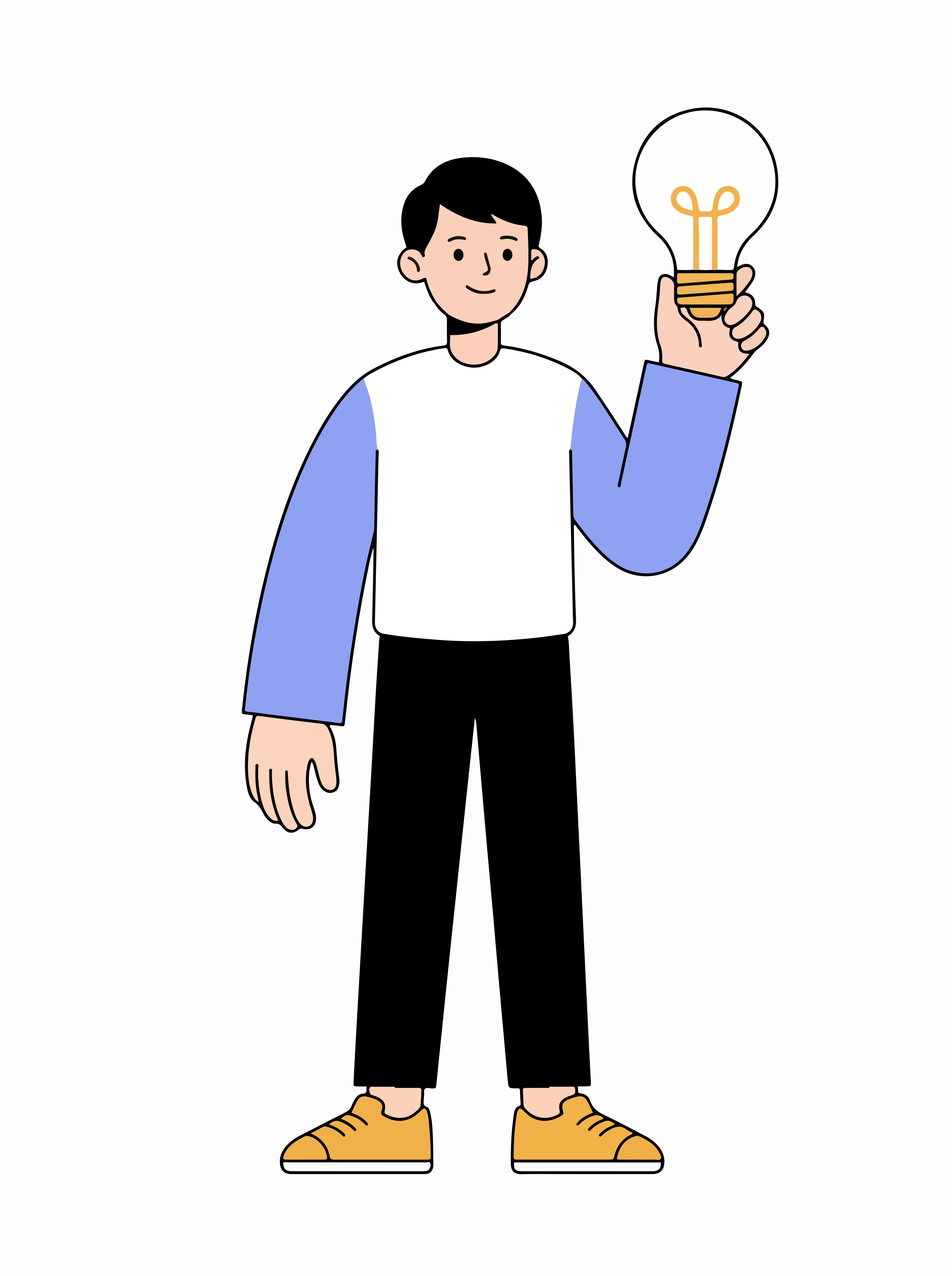Una persona con una maglietta bianca e blu che tiene una lampadina