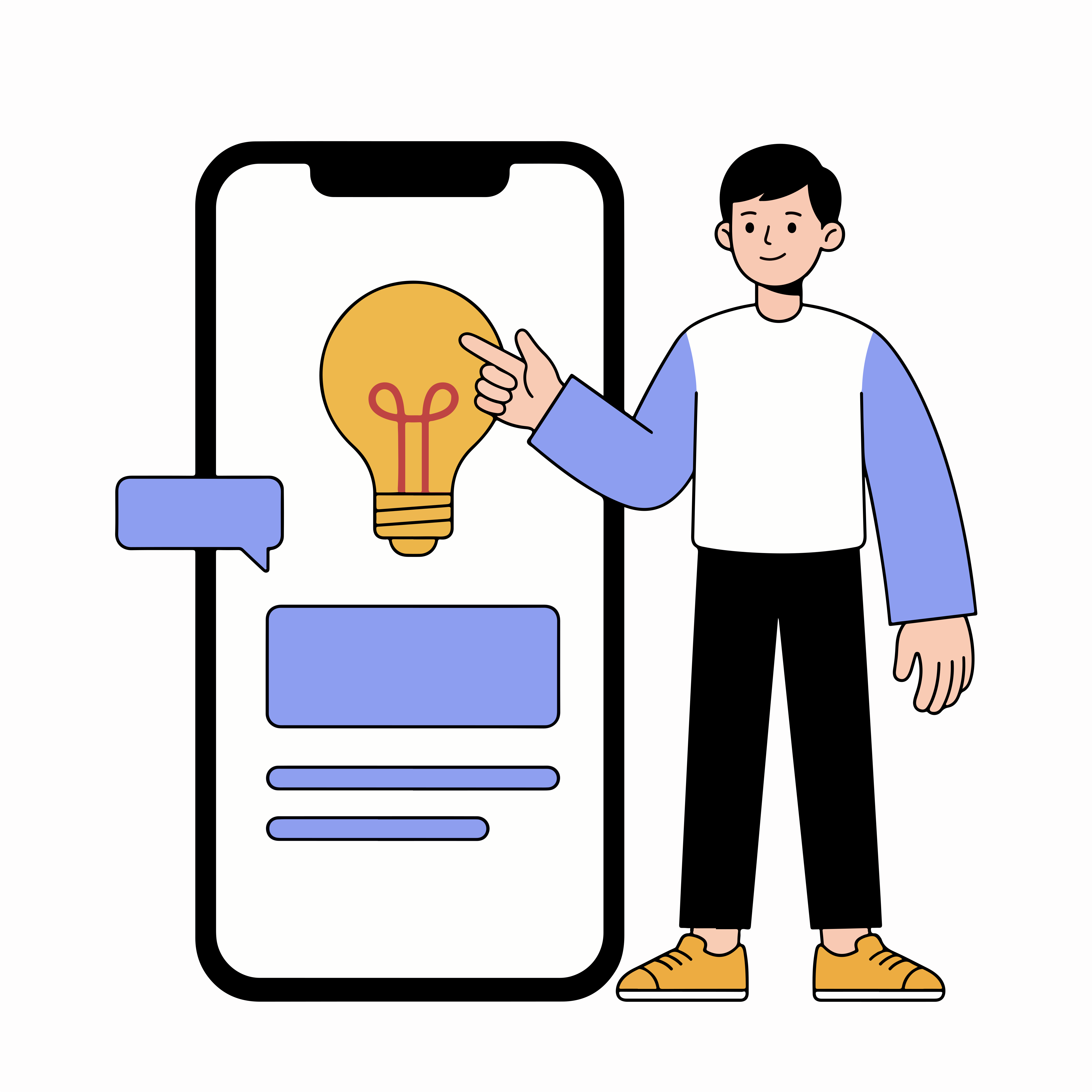 大きなスマートフォンの画面にある電球アイコンを指さす人がいる
