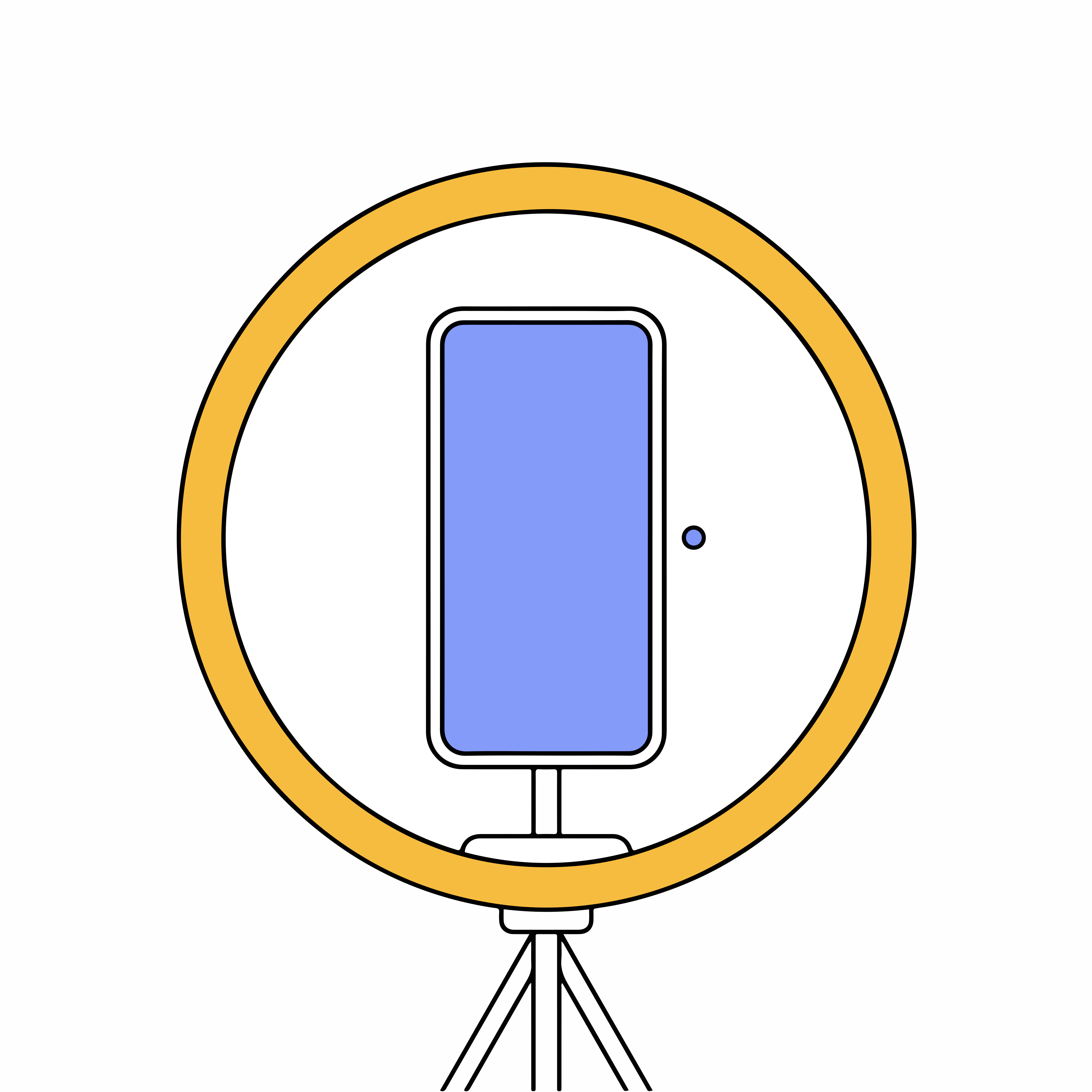 Un smartphone monté sur un trépied à l’intérieur d’un anneau circulaire jaune