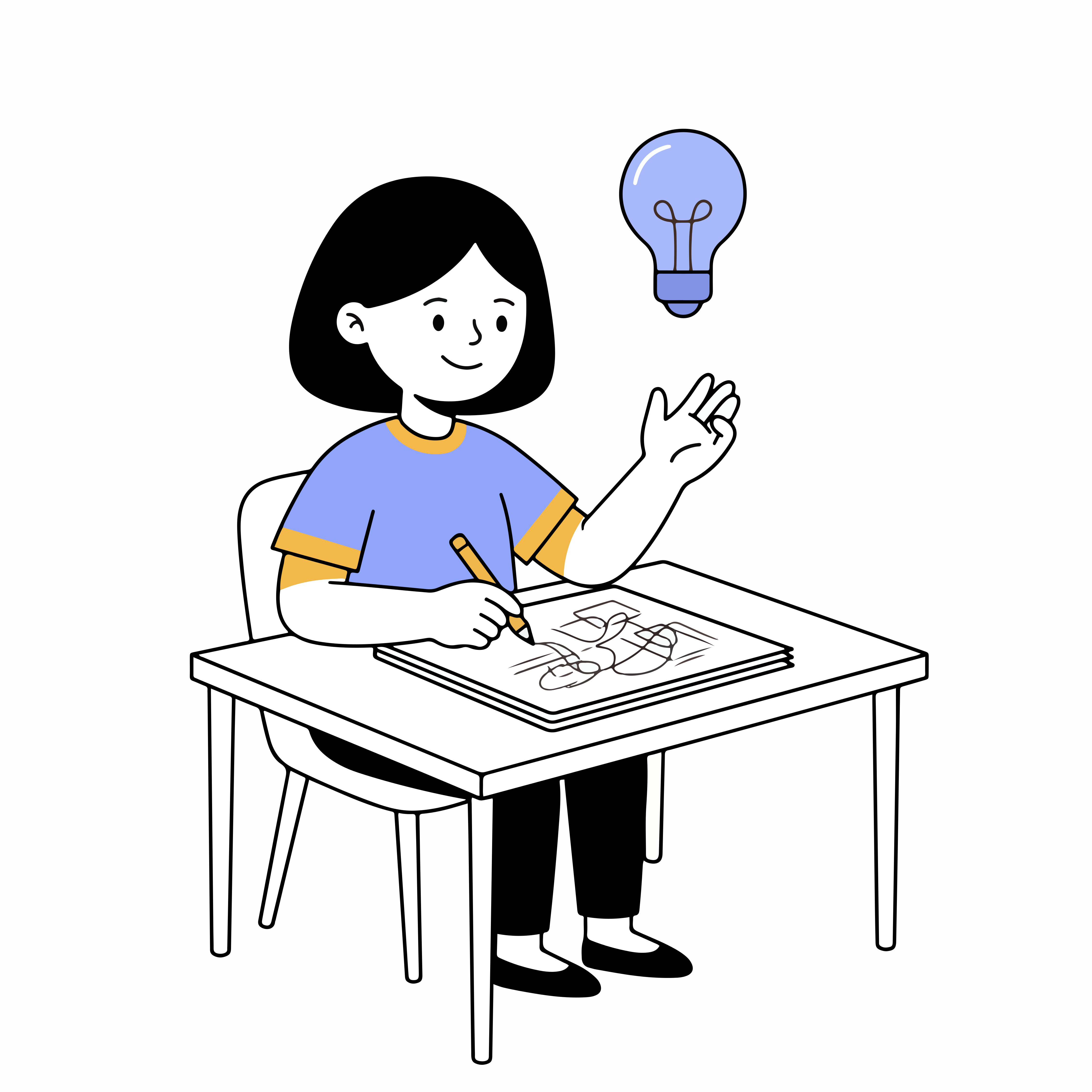 Una persona dibujando en papel en un escritorio con un icono de bombilla encima