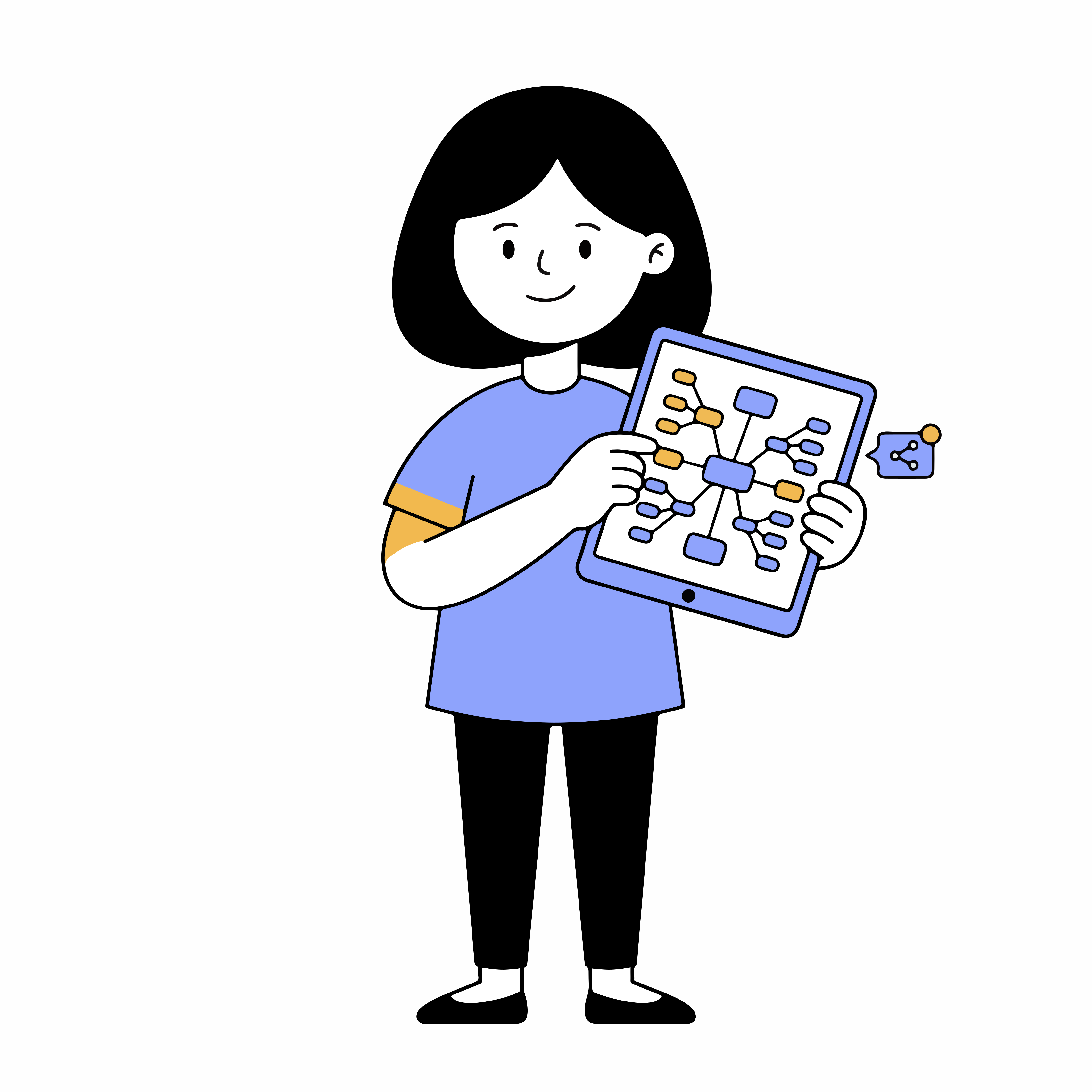 Eine Person in einem blauen Hemd hält ein Tablet mit einer Mindmap