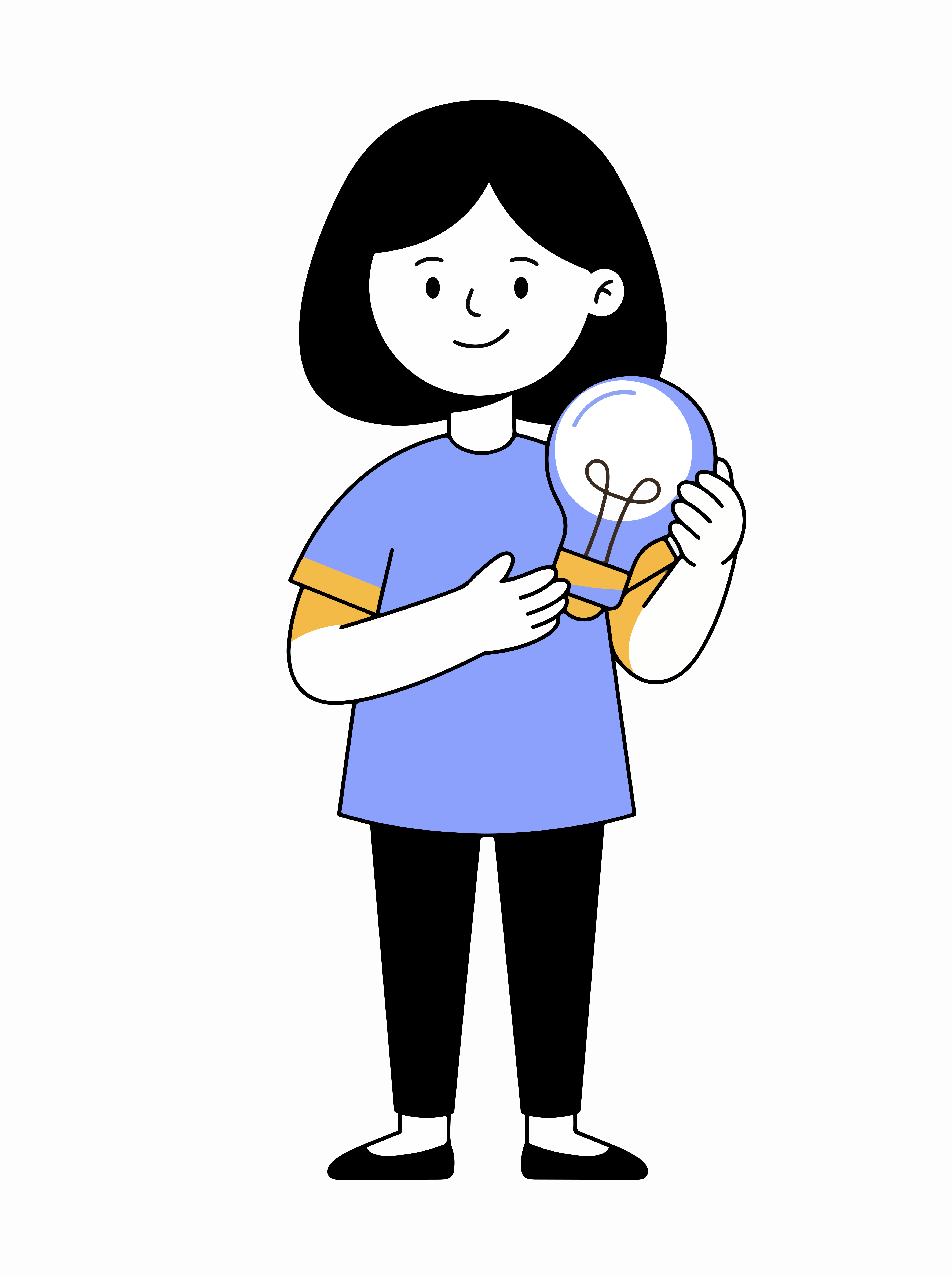 Una persona con i capelli neri che tiene una lampadina con una maglietta blu