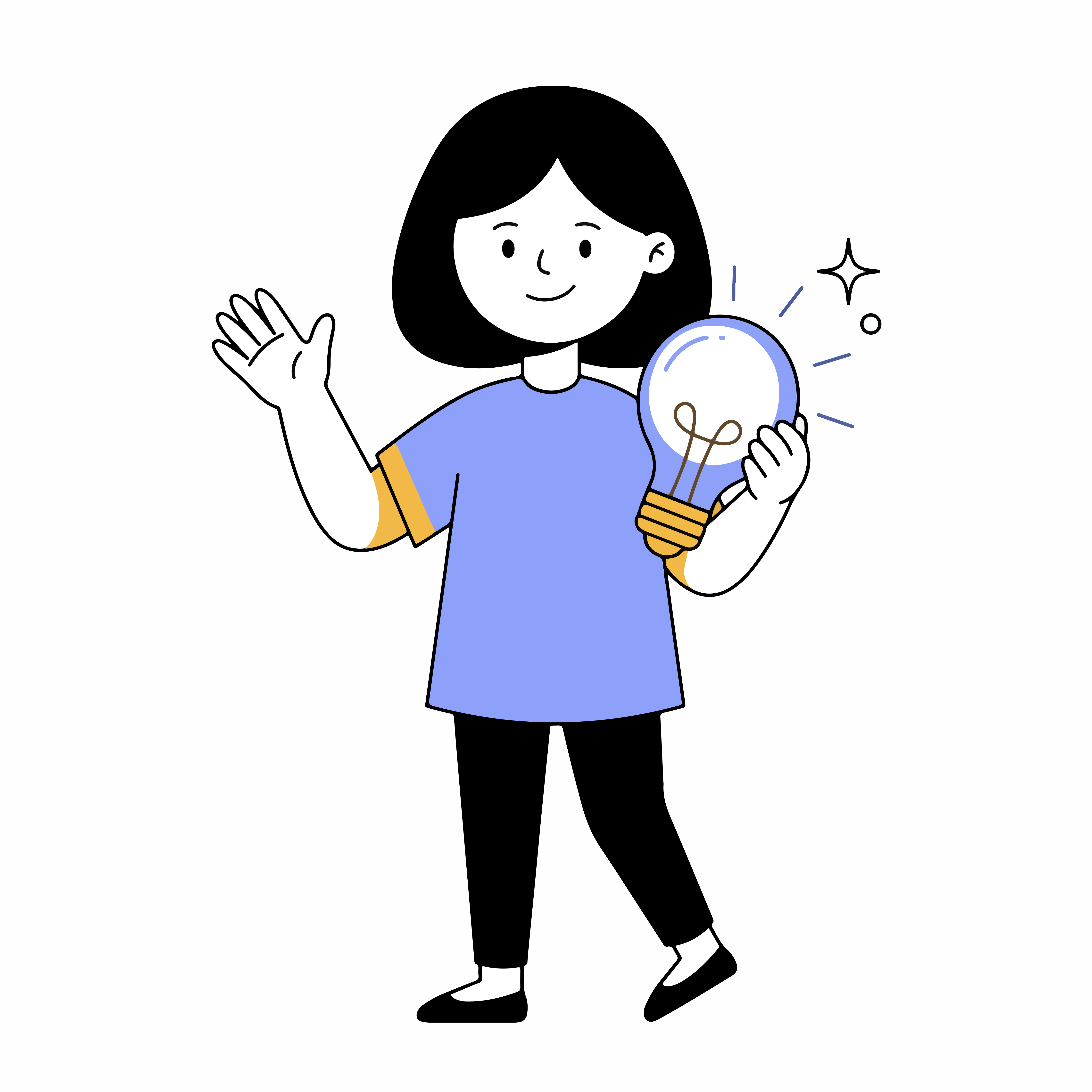 Seseorang melambaikan tangan sambil memegang bola lampu yang menyala dalam ilustrasi datar