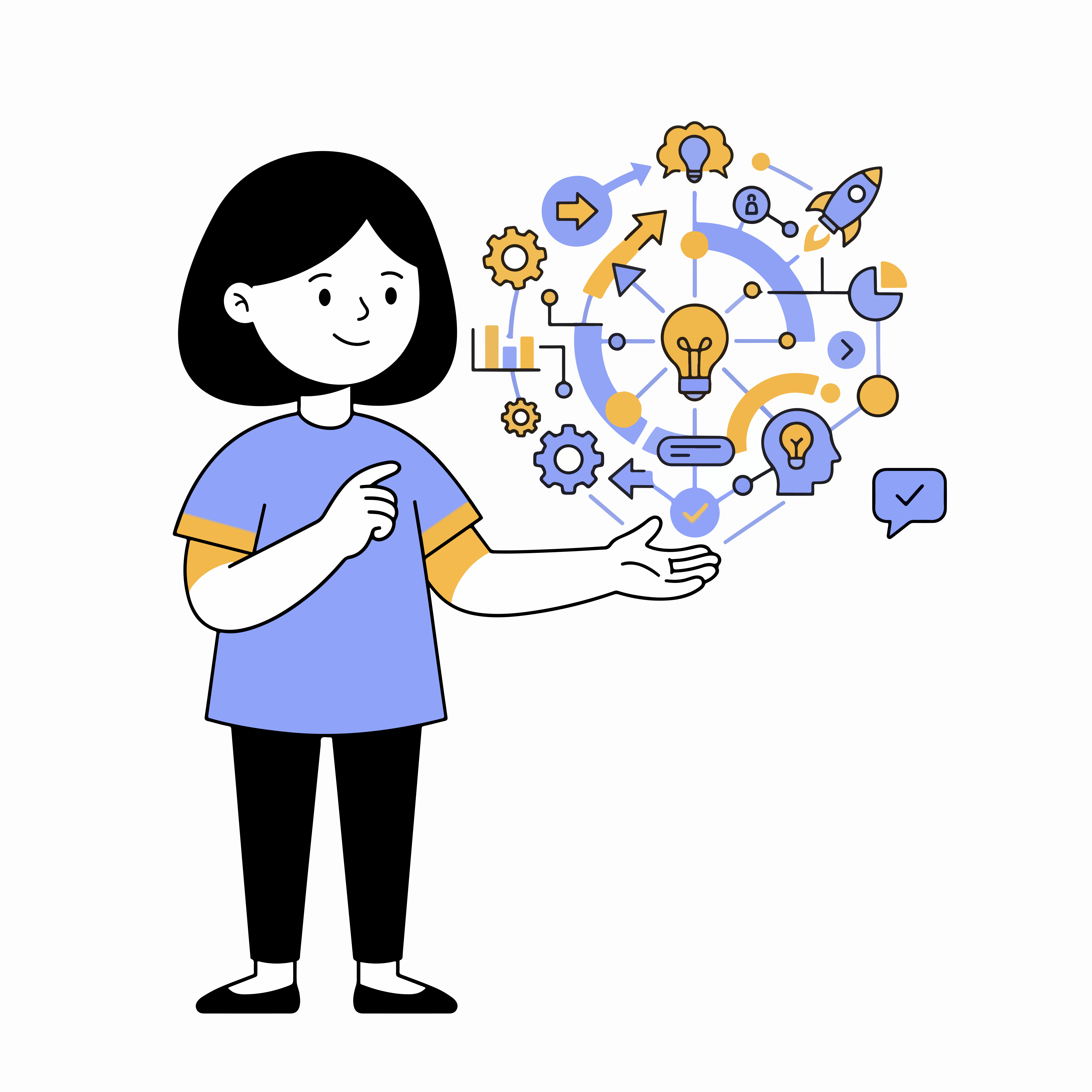 Una persona che indica un diagramma circolare di lampadine, ingranaggi e icone di razzo