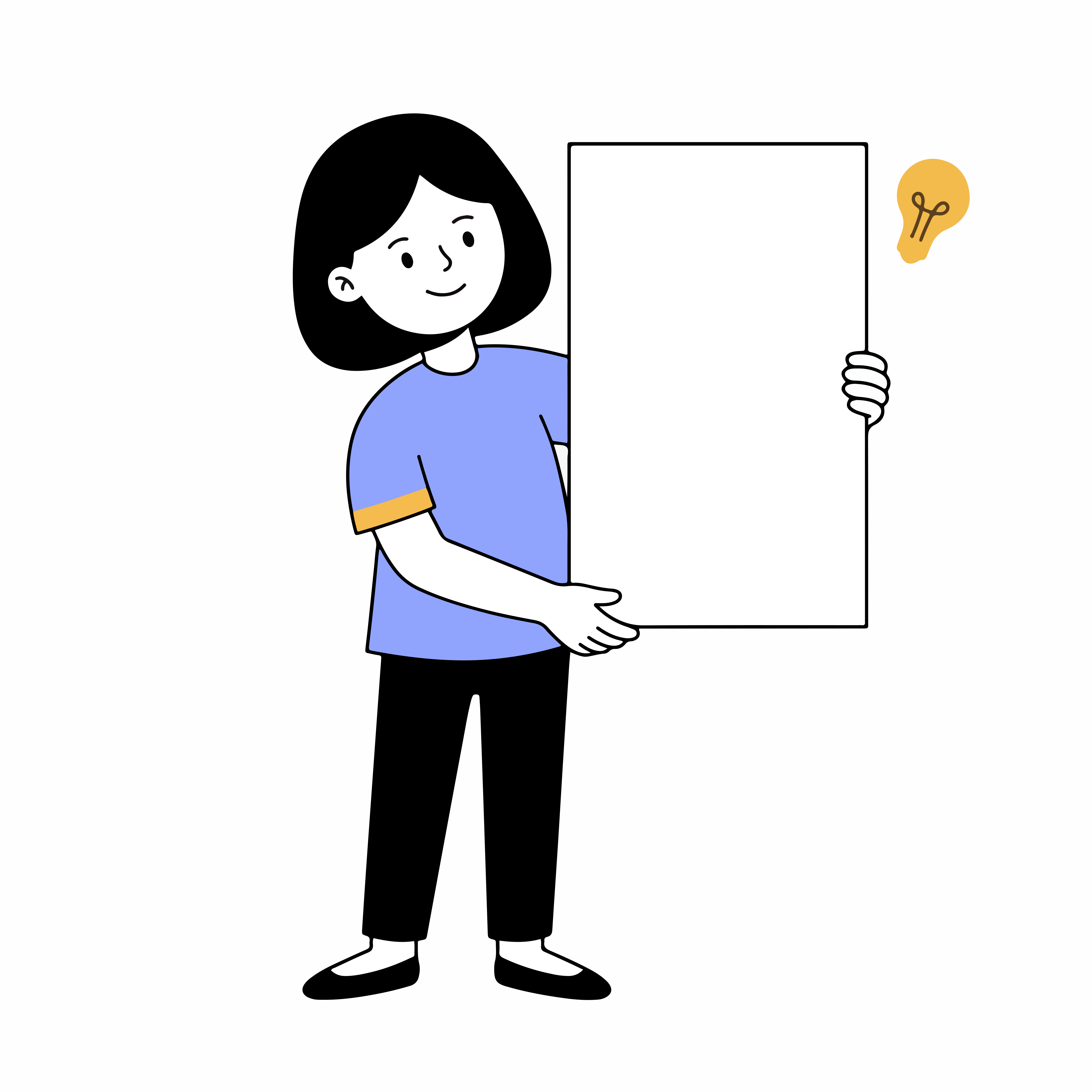 青いシャツを着た女性が、電球のアイコンが描かれた白い看板を掲げている