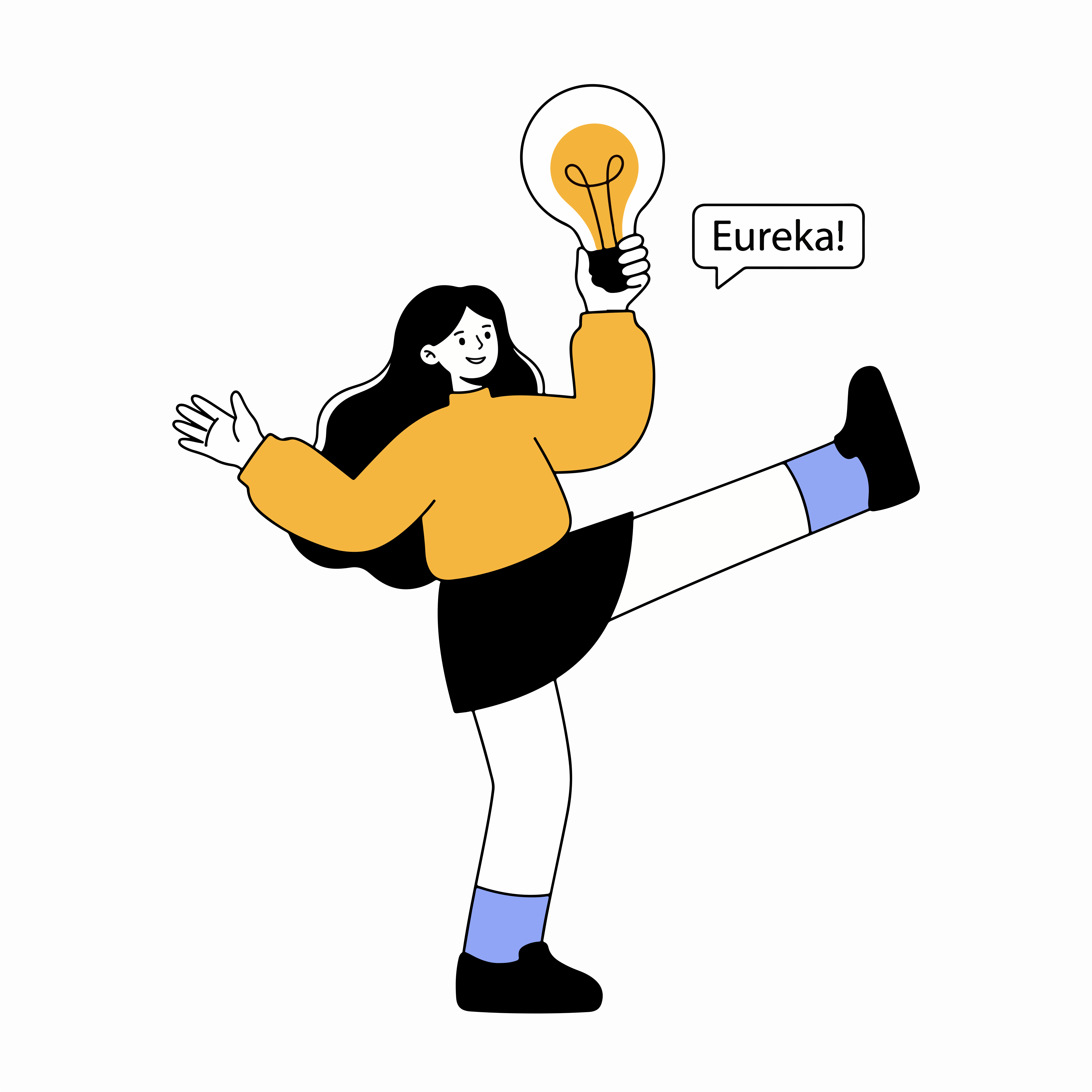 Eurekaと書かれた吹き出しの電球を持つ女性