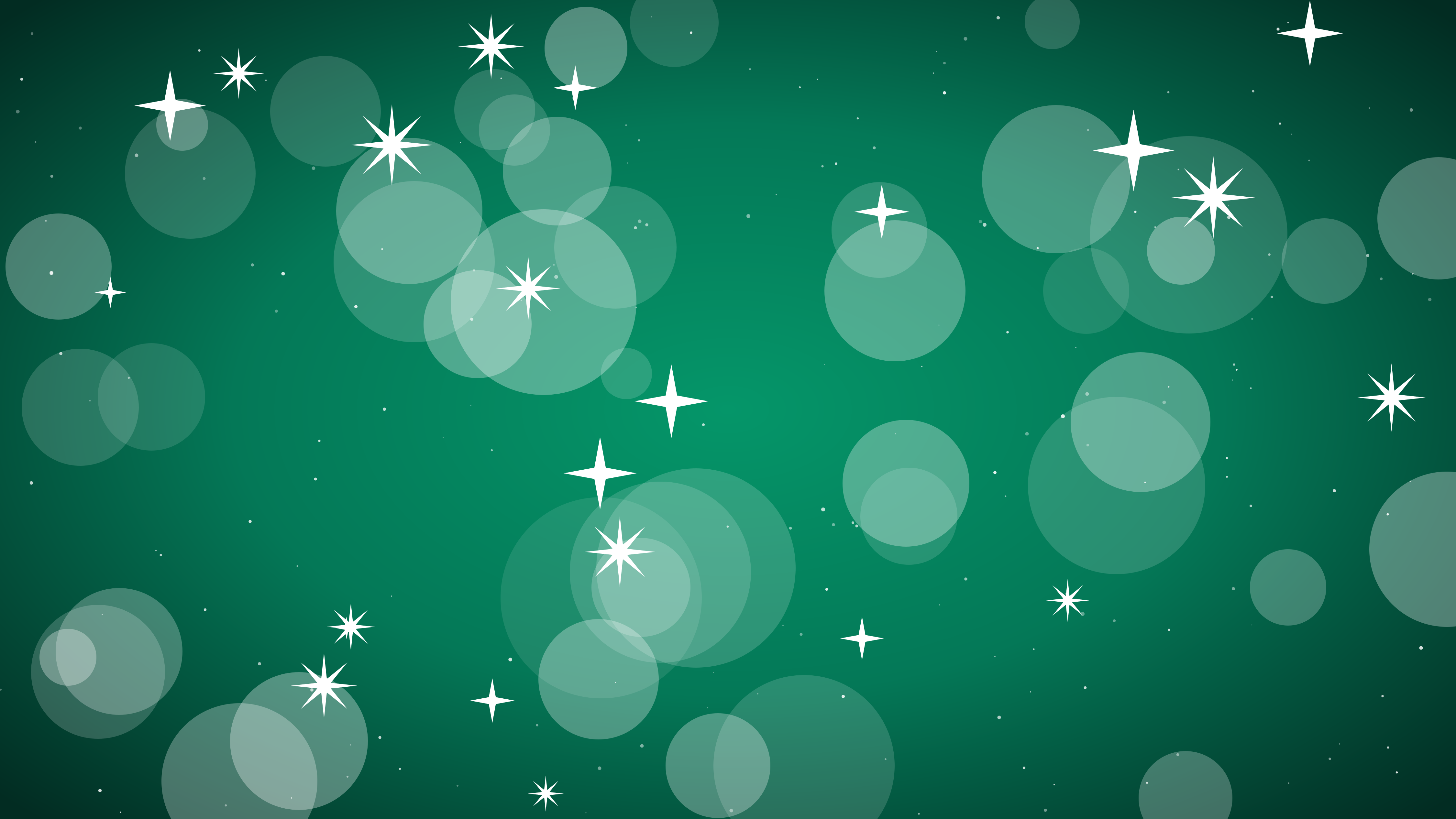 White star shapes and soft circular bokeh lights on a dark green background