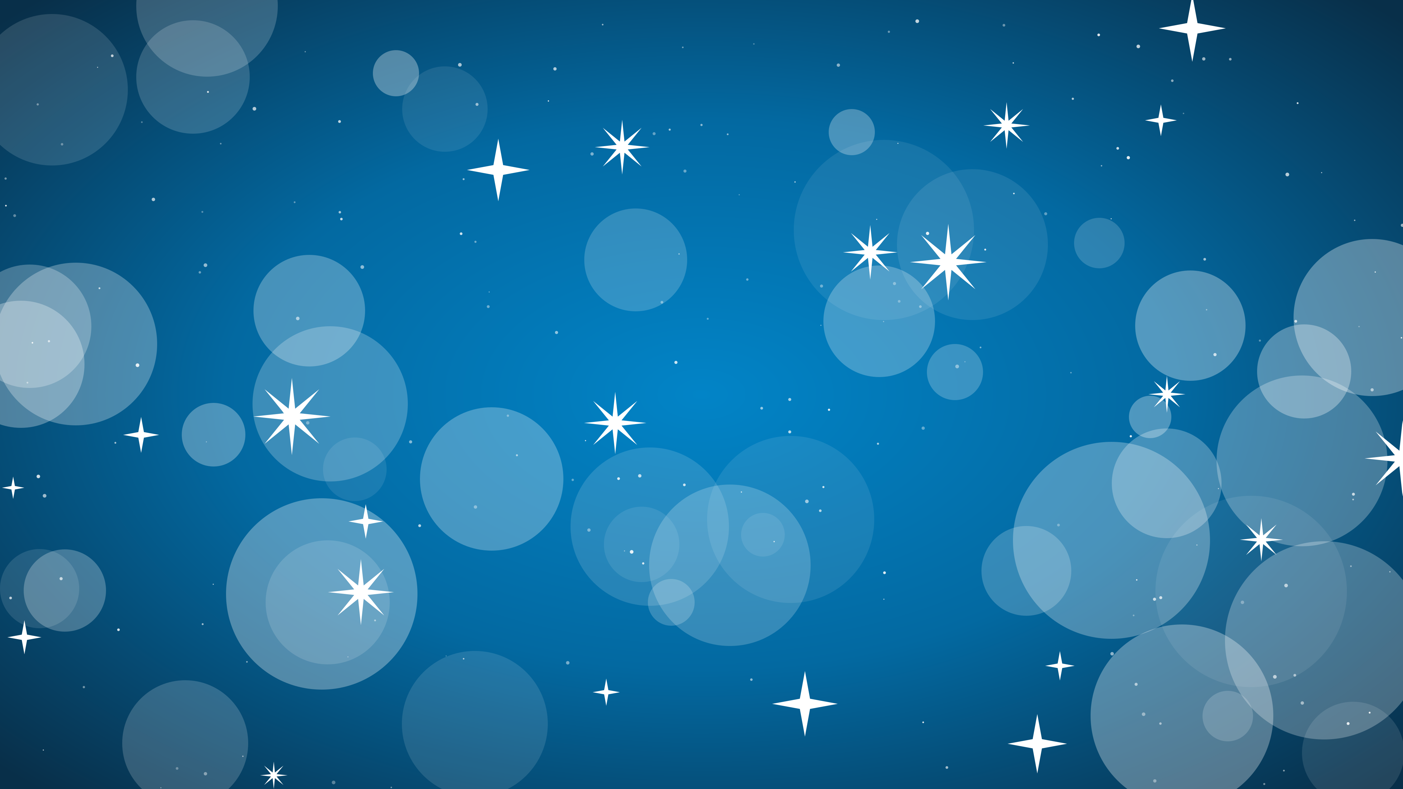 White star shapes and soft circular bokeh lights on a deep blue background