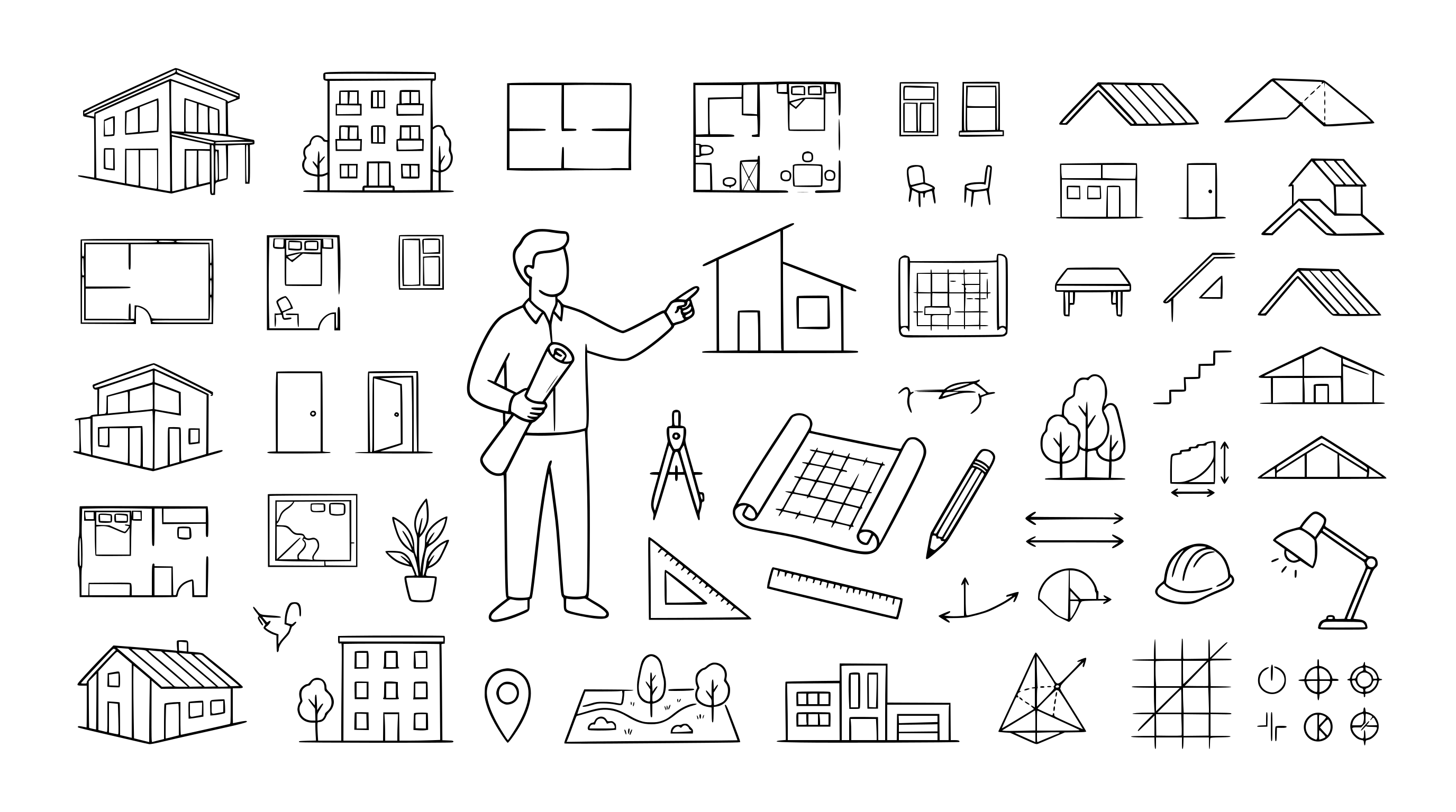 A collection of architectural line icons featuring buildings, floor plans, tools, and an architect