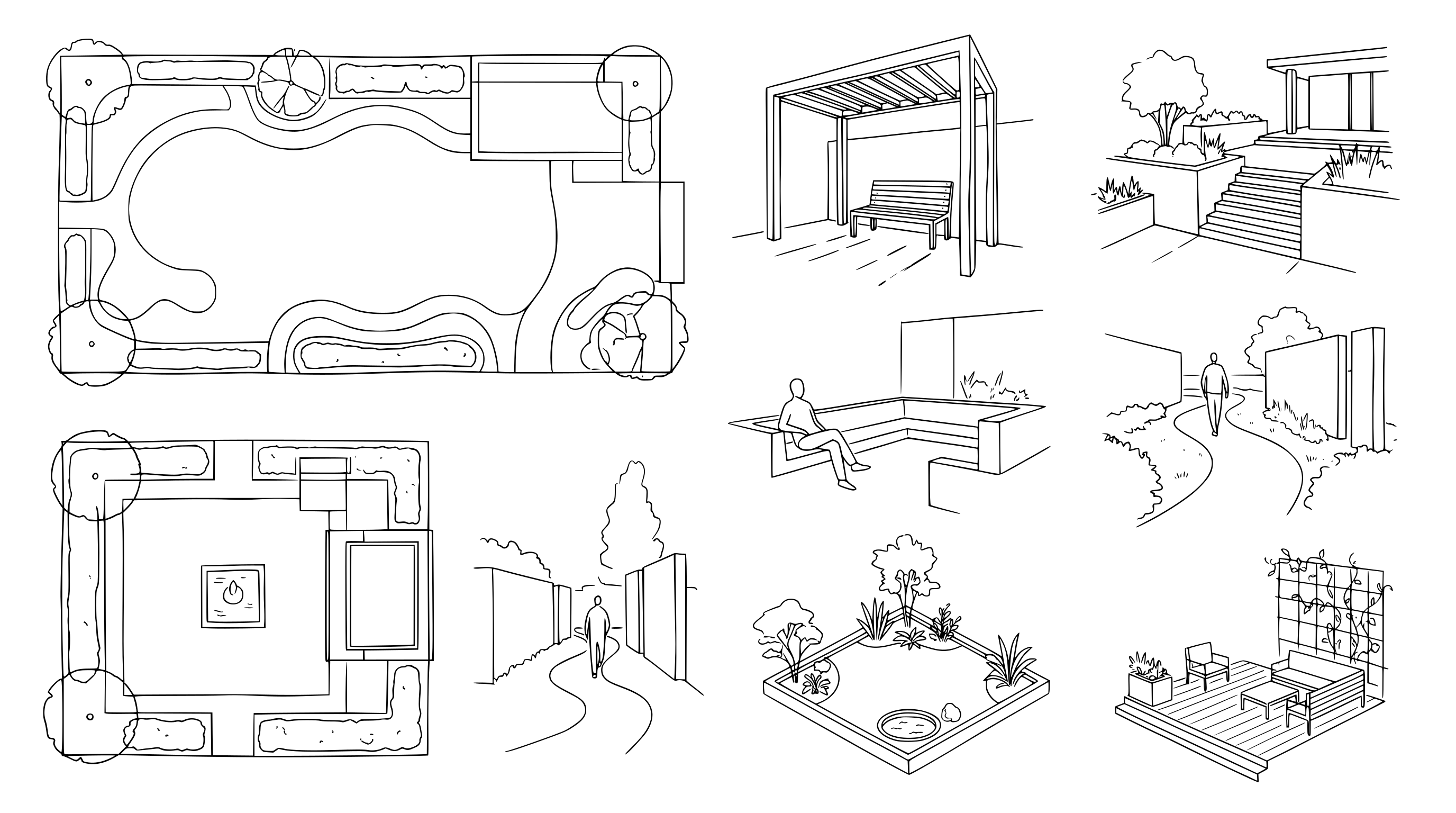 A collection of line drawings showing various garden layouts, seating areas, and pathways