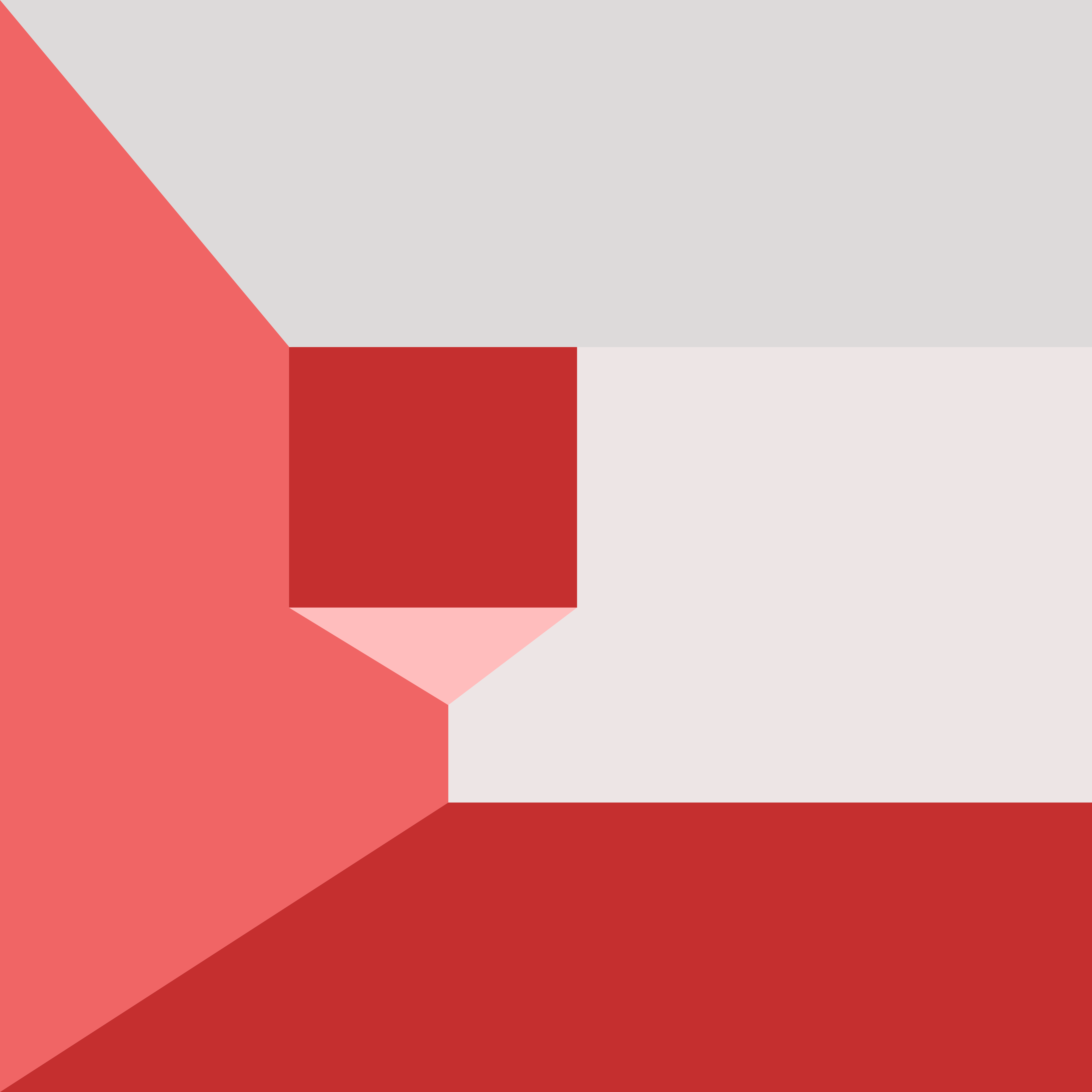 A red square floating in a corner of white and pink geometric planes