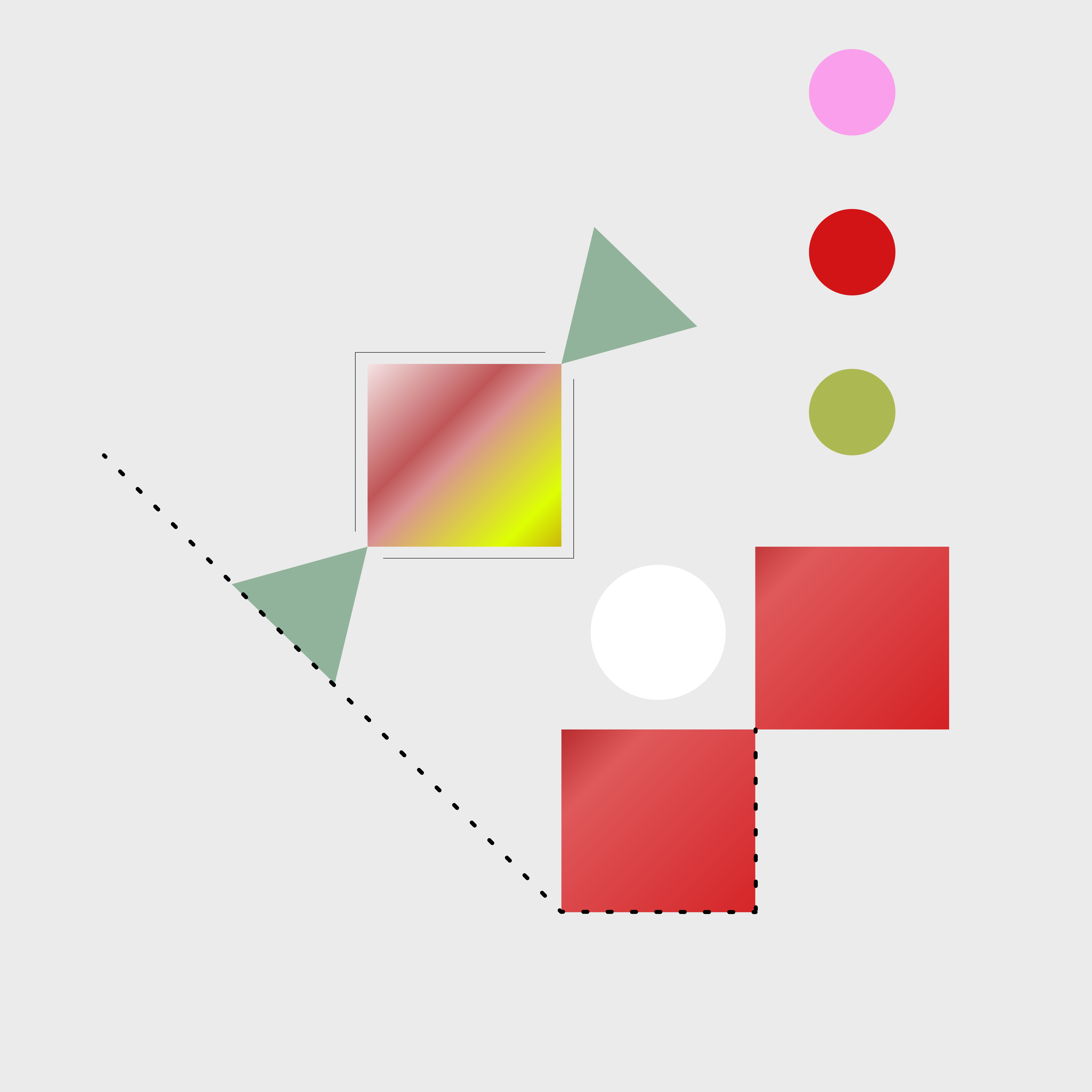 A red and yellow gradient square with green triangles and red squares on grey