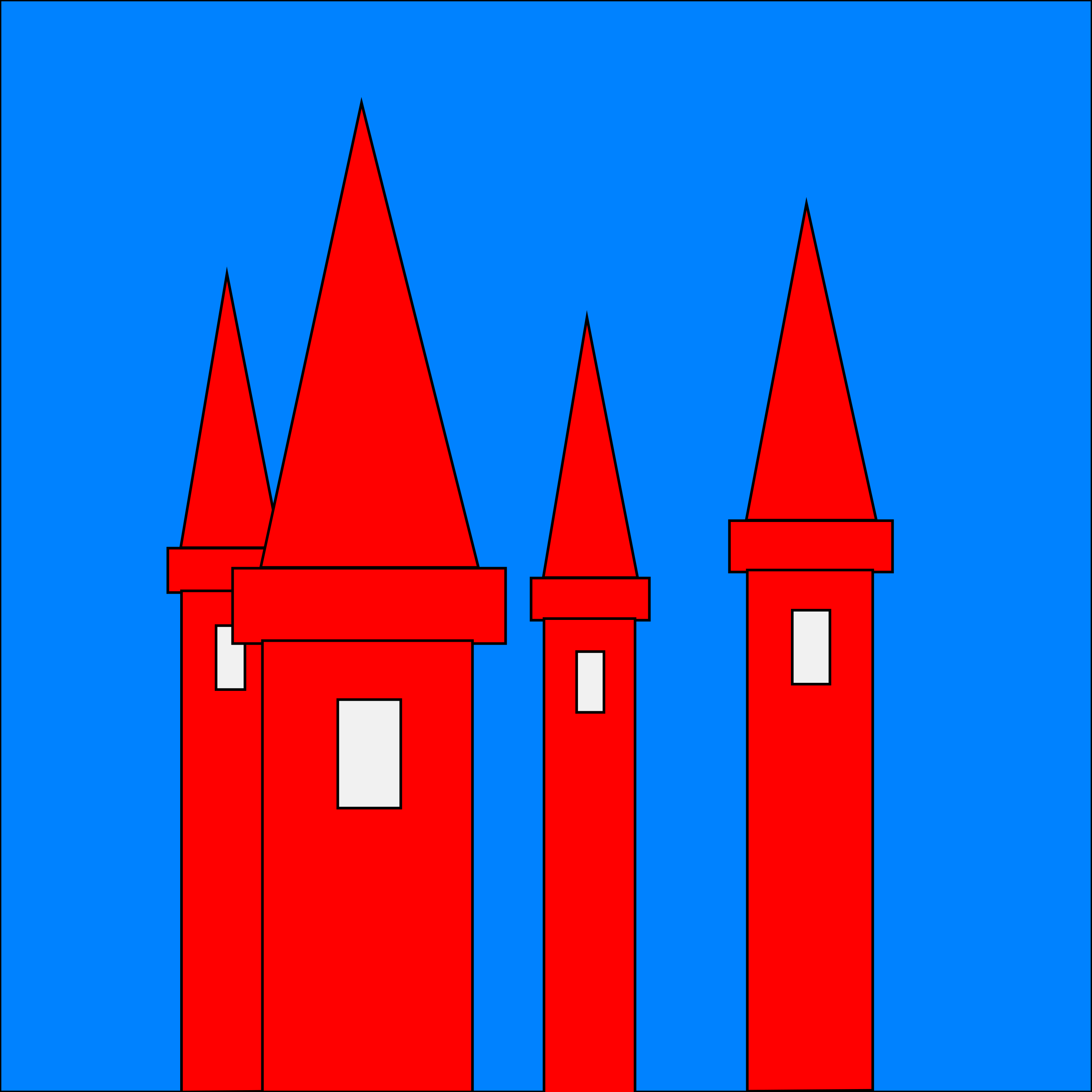 Four red towers with pointed roofs against a solid blue background