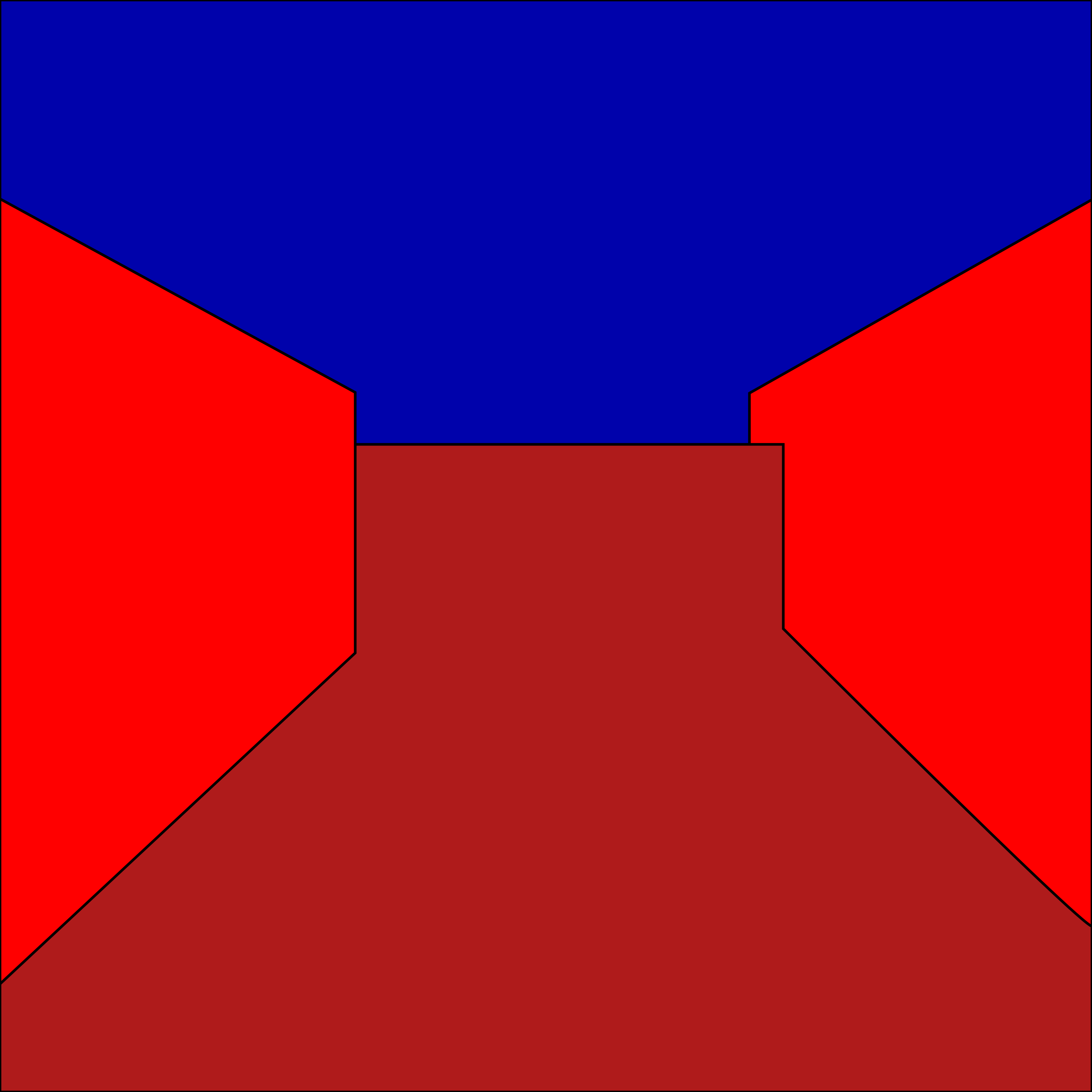 Una composizione geometrica di forme rosse e blu che formano una prospettiva astratta