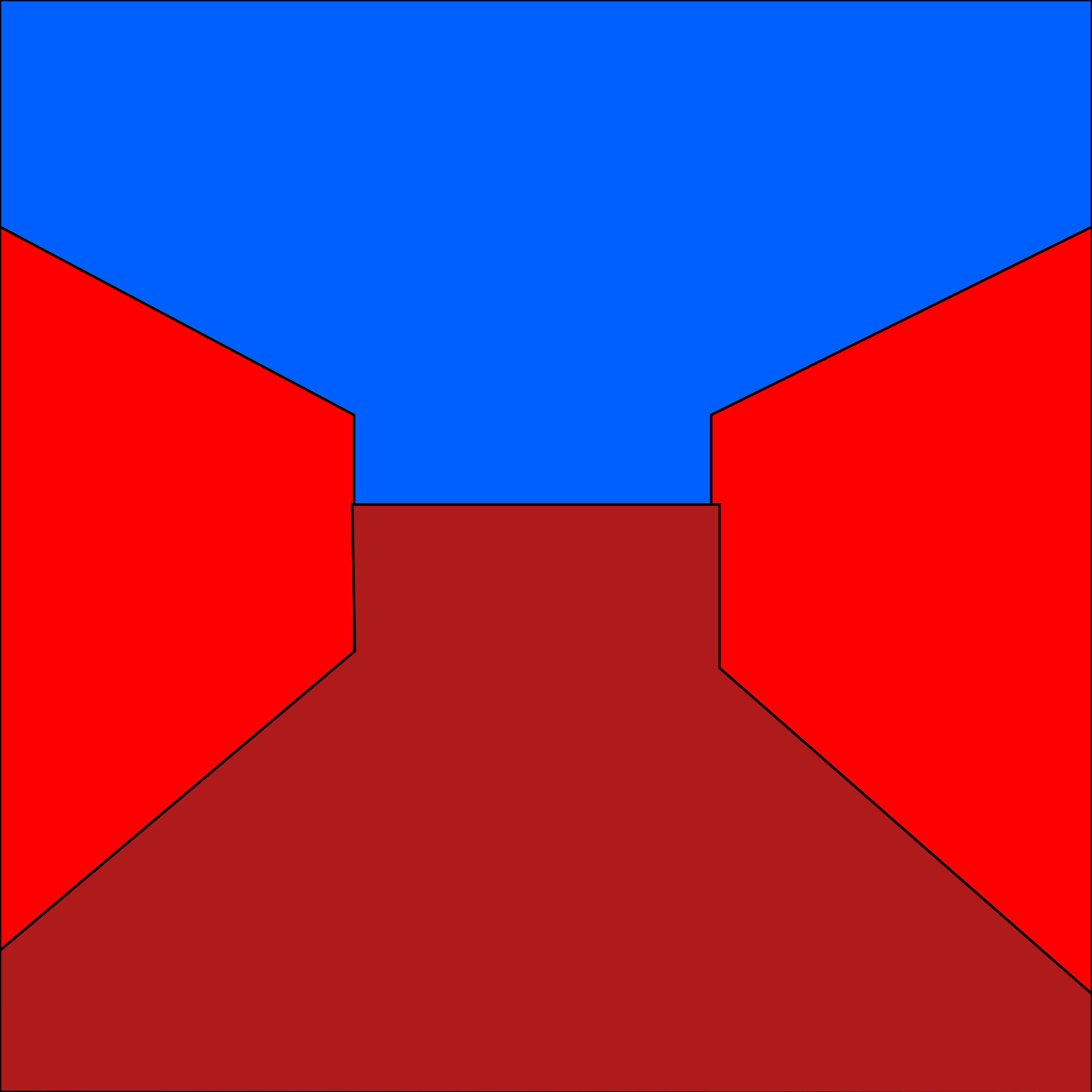 Una composizione geometrica di forme rosse e blu che formano un corridoio centrale in prospettiva