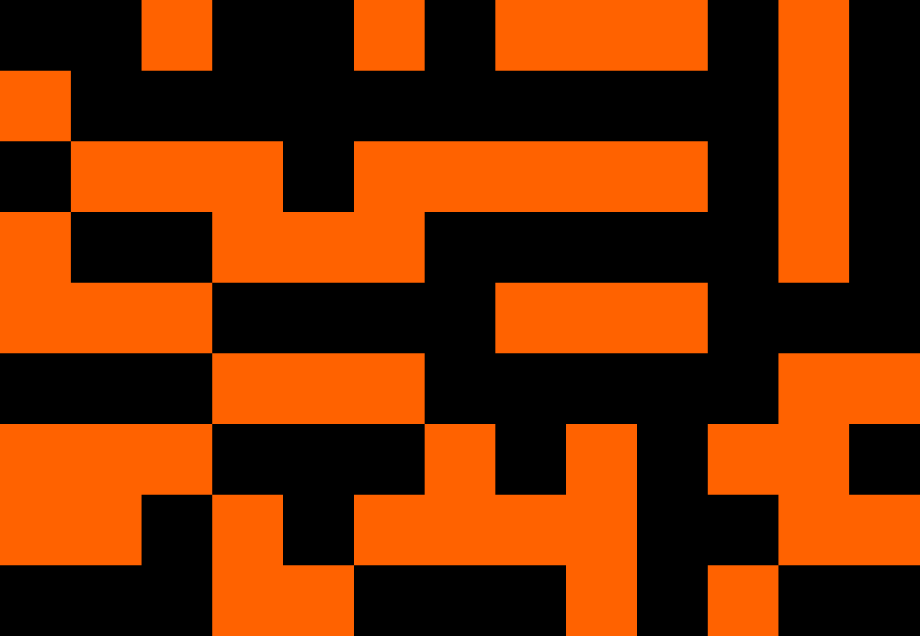 Ein geometrisches Muster aus orangefarbenen Rechtecken und Quadraten auf schwarzem Hintergrund