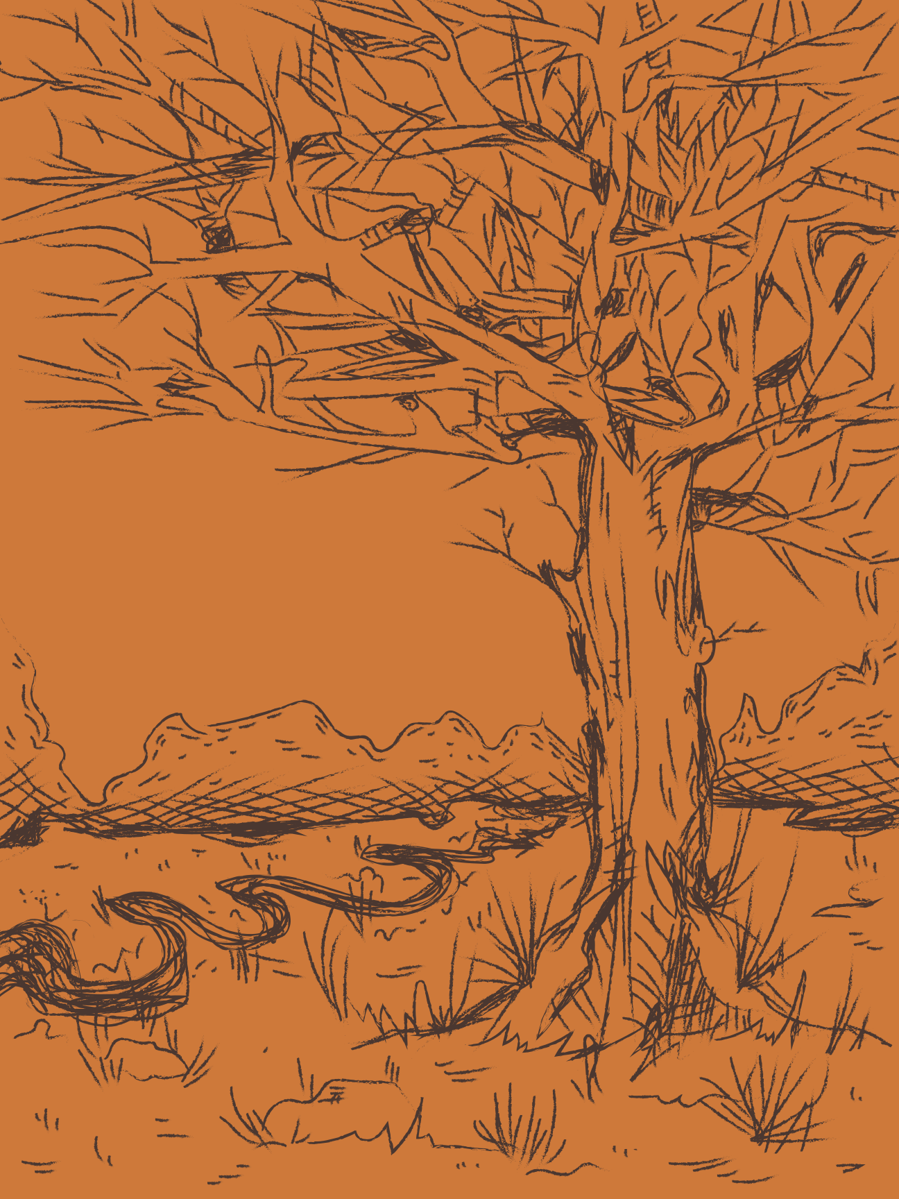 Un arbre solitaire sur un paysage avec un sentier sinueux et des collines lointaines