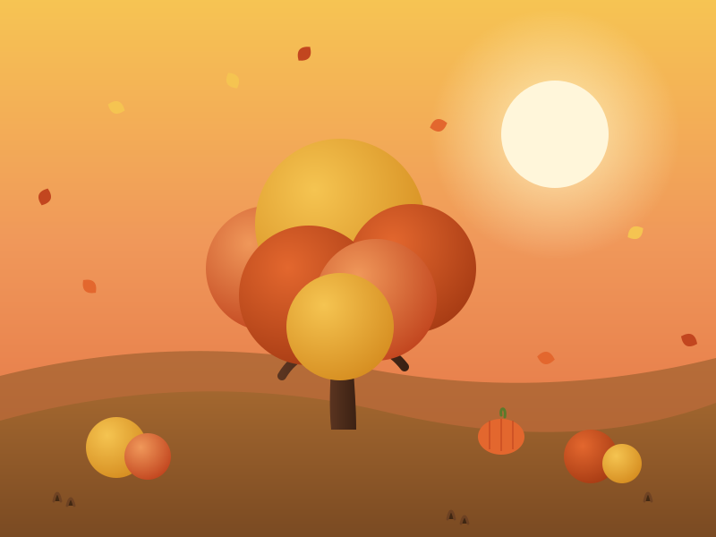 A stylized tree with round orange and yellow leaves under a warm sun