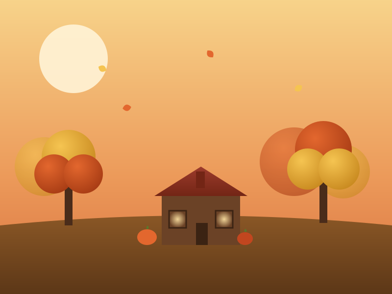 Une petite maison avec deux citrouilles et des arbres d’automne sous un soleil pâle