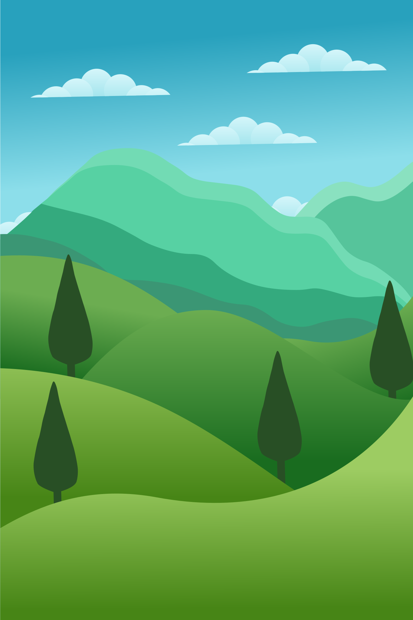 Des collines vertes stylisées avec des arbres à feuilles persistantes sous un ciel bleu et nuageux