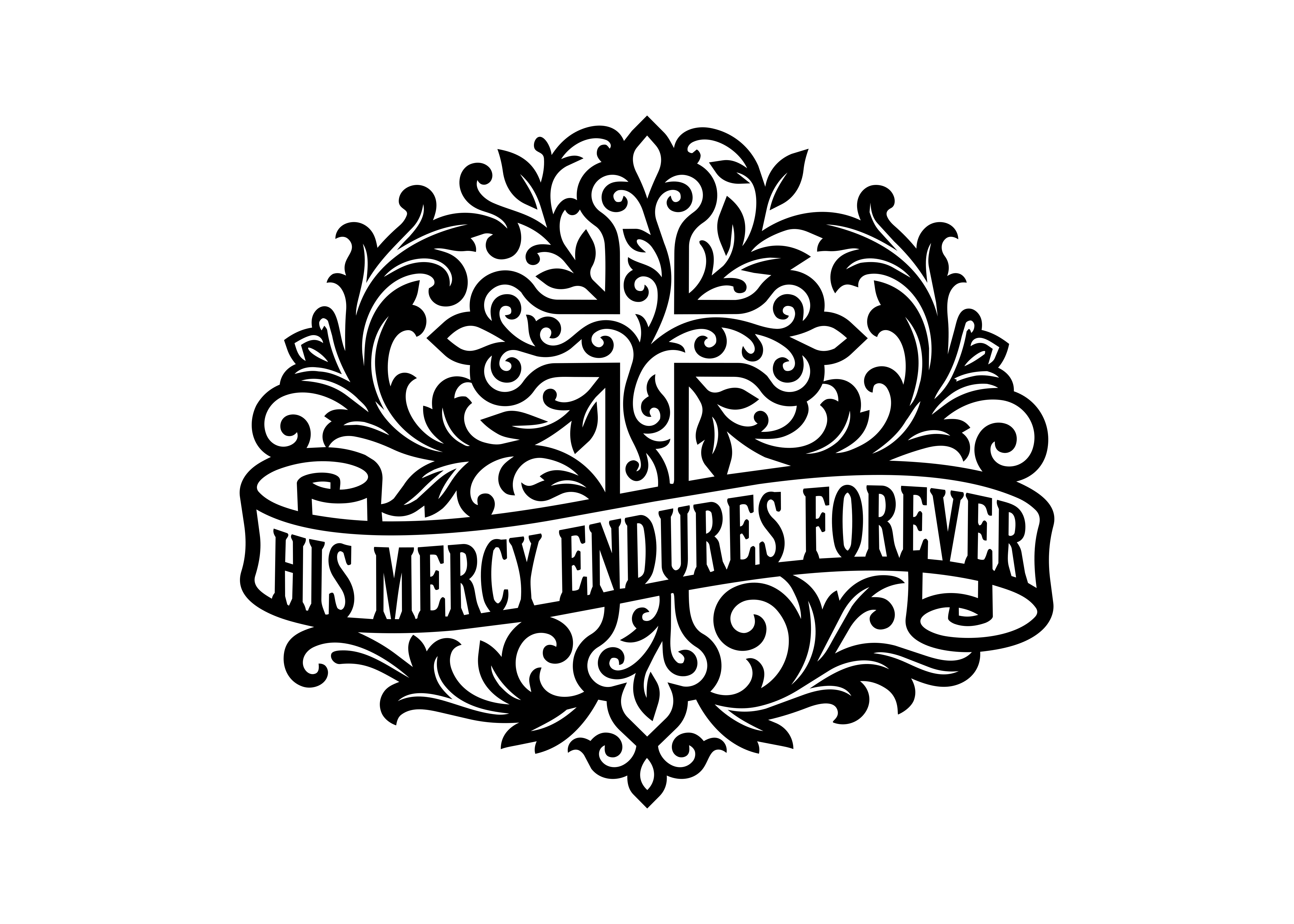 Une croix noire ornée de filigranes floraux ornés et une bannière portant l’inscription « SA MISÉRICORDE PERDURE POUR TOUJOURS »