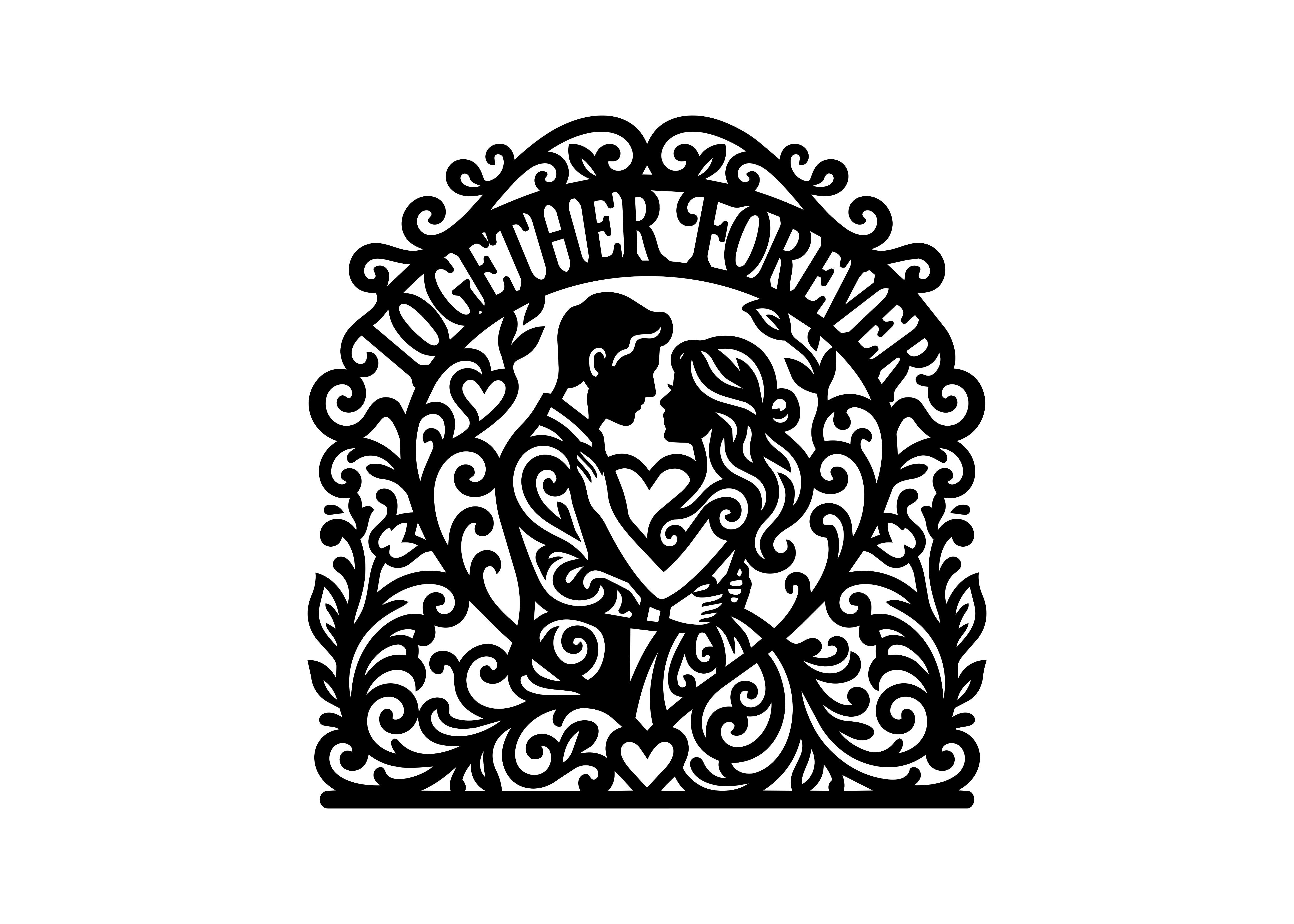 Eine schwarze Silhouette eines Paares, das sich in einem kunstvollen Rahmen umarmt und "Together Forever" liest