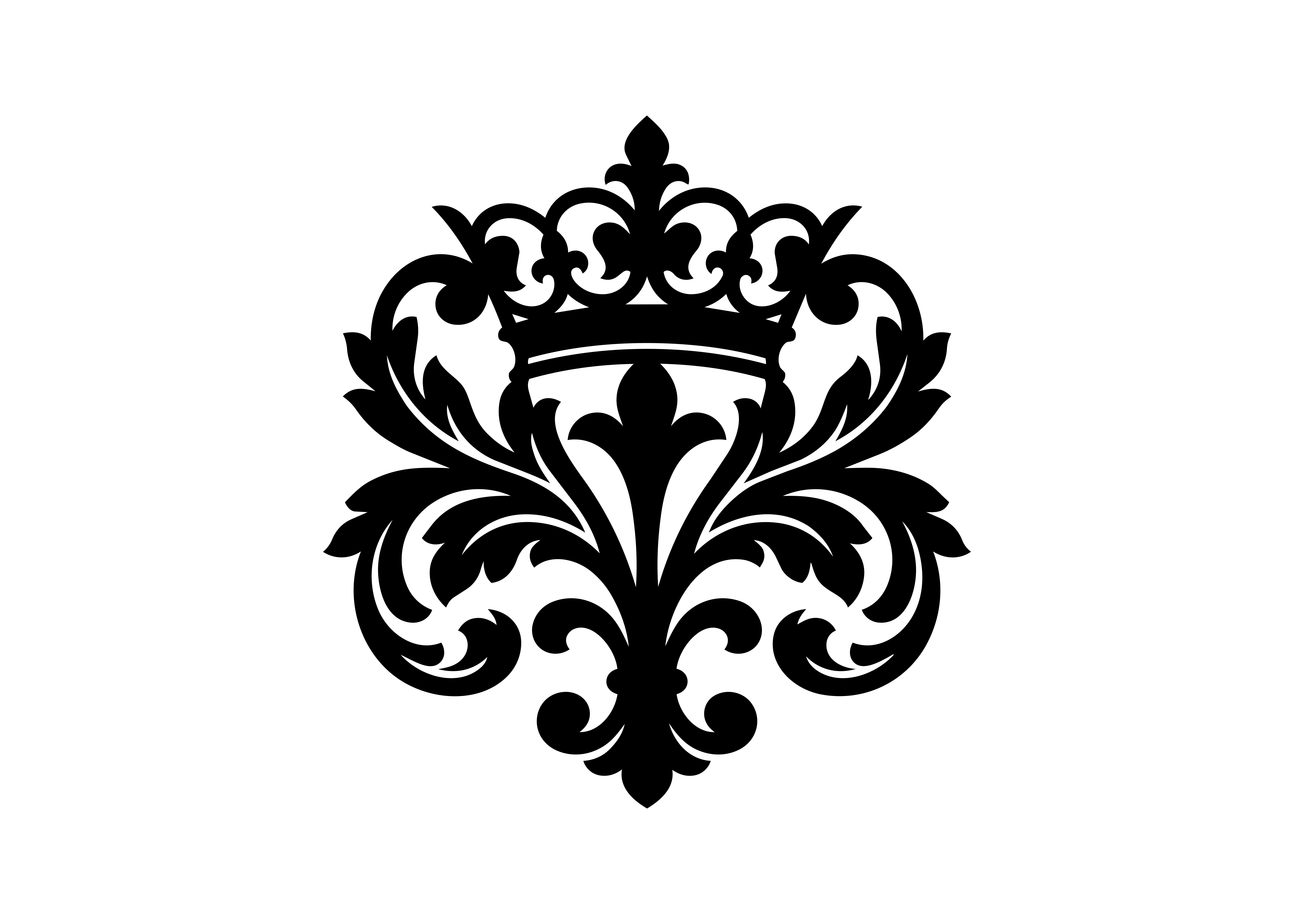 Un motif damasé noir symétrique orné d’une couronne et de rouleaux floraux ornés