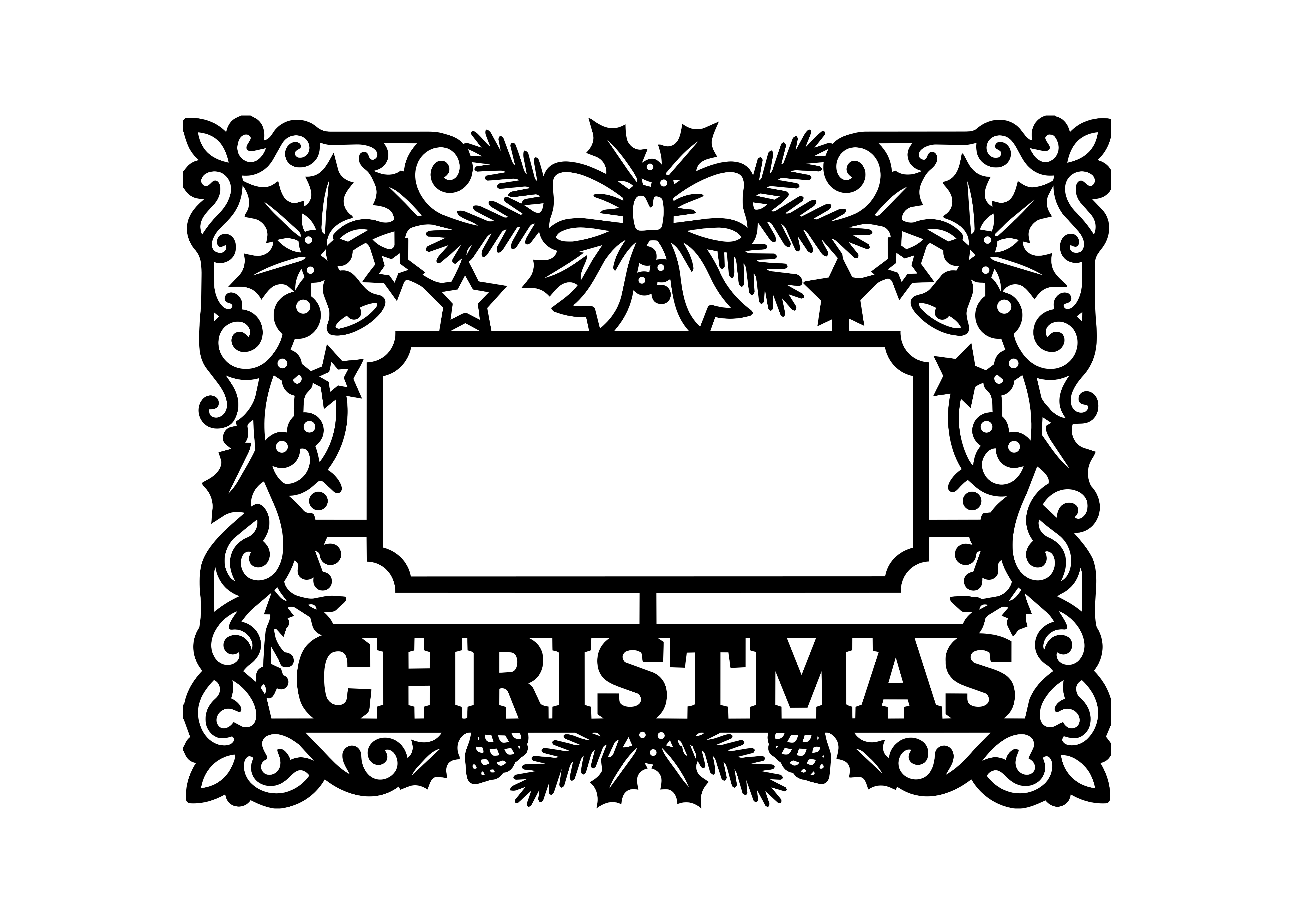 A black silhouette frame with holly, pine branches, and the word CHRISTMAS