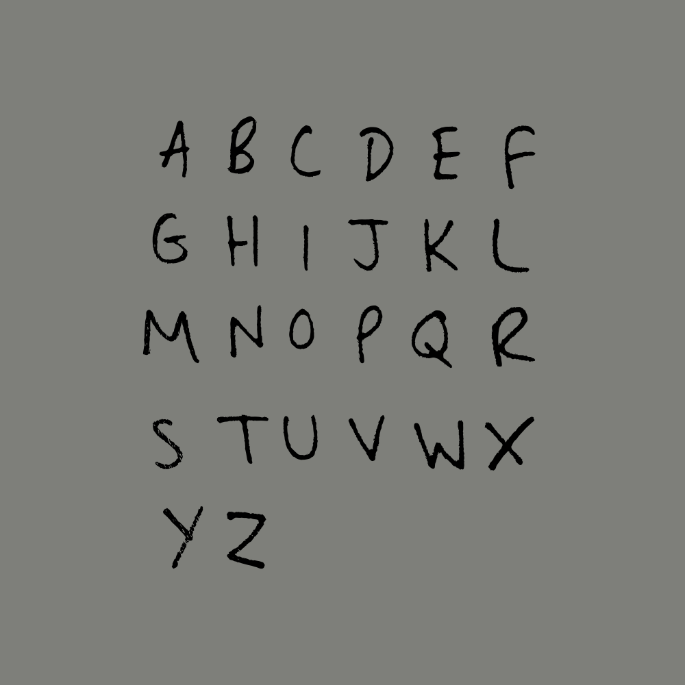 Das englische Alphabet in schwarzen, handgezeichneten Großbuchstaben auf grauem Grund geschrieben