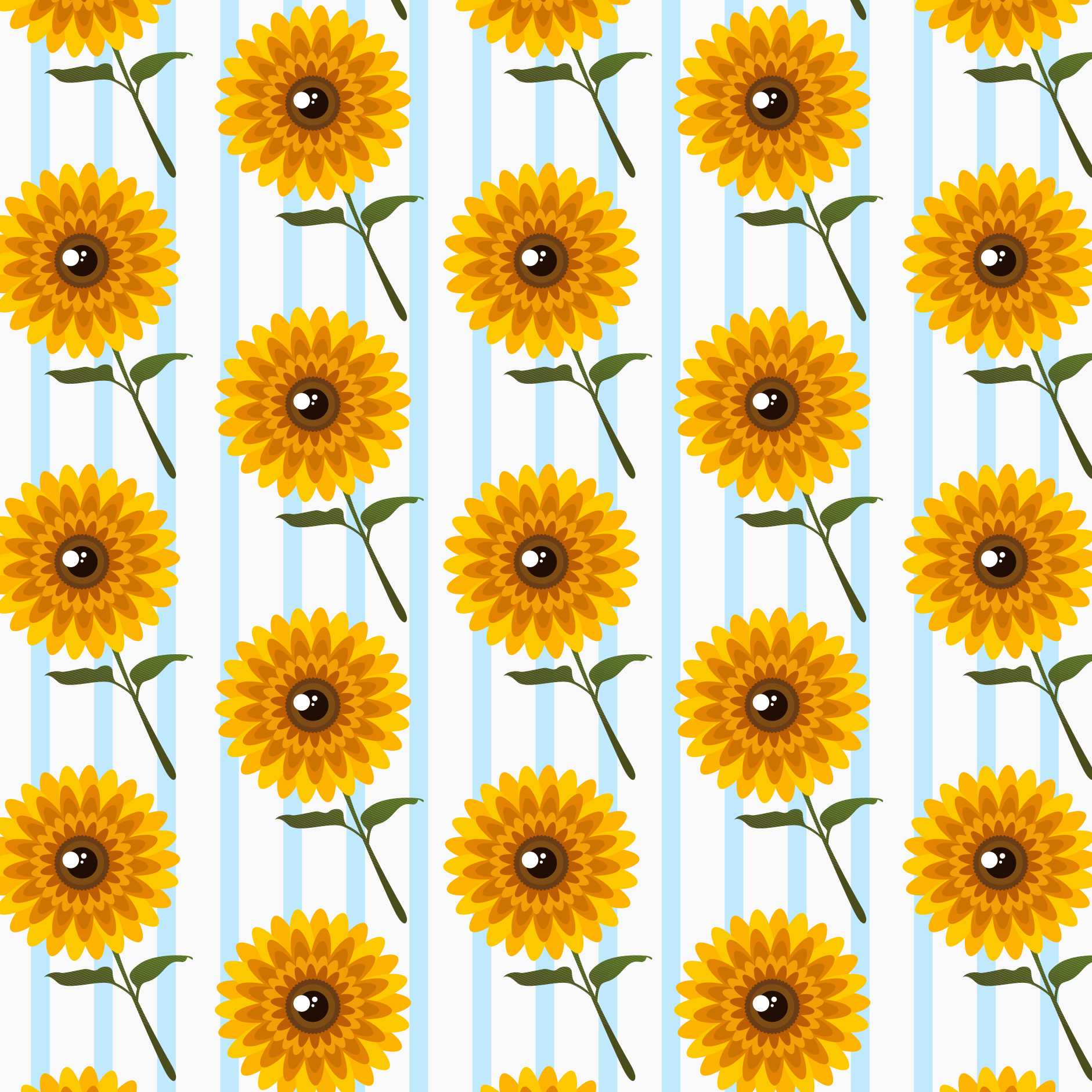 A repeating pattern of yellow sunflowers on a white background with light blue stripes