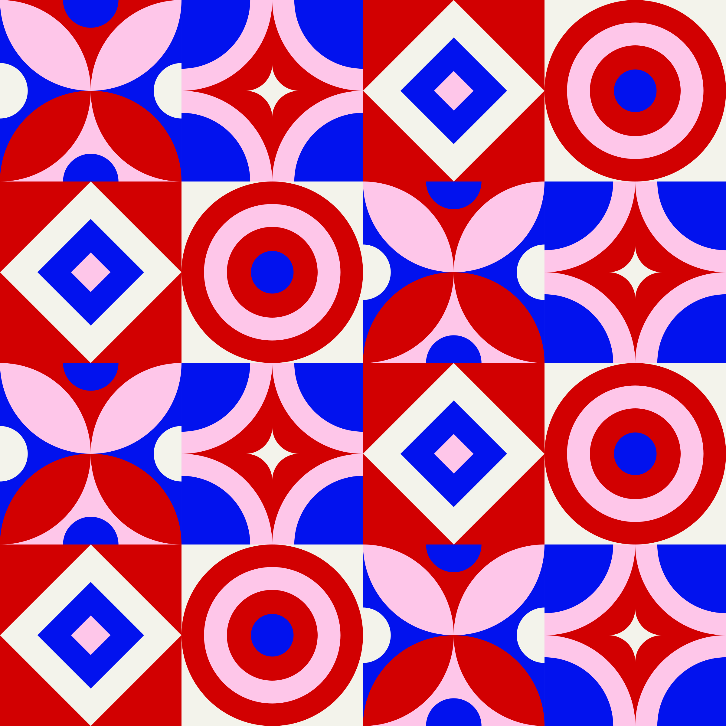 Ein sich wiederholendes geometrisches Muster aus roten, blauen, rosa und weißen Formen