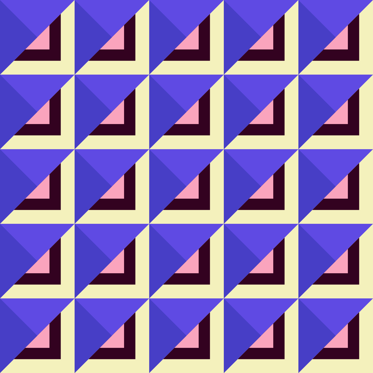Pola geometris berulang dari segitiga biru, krem, merah muda, dan coklat tua