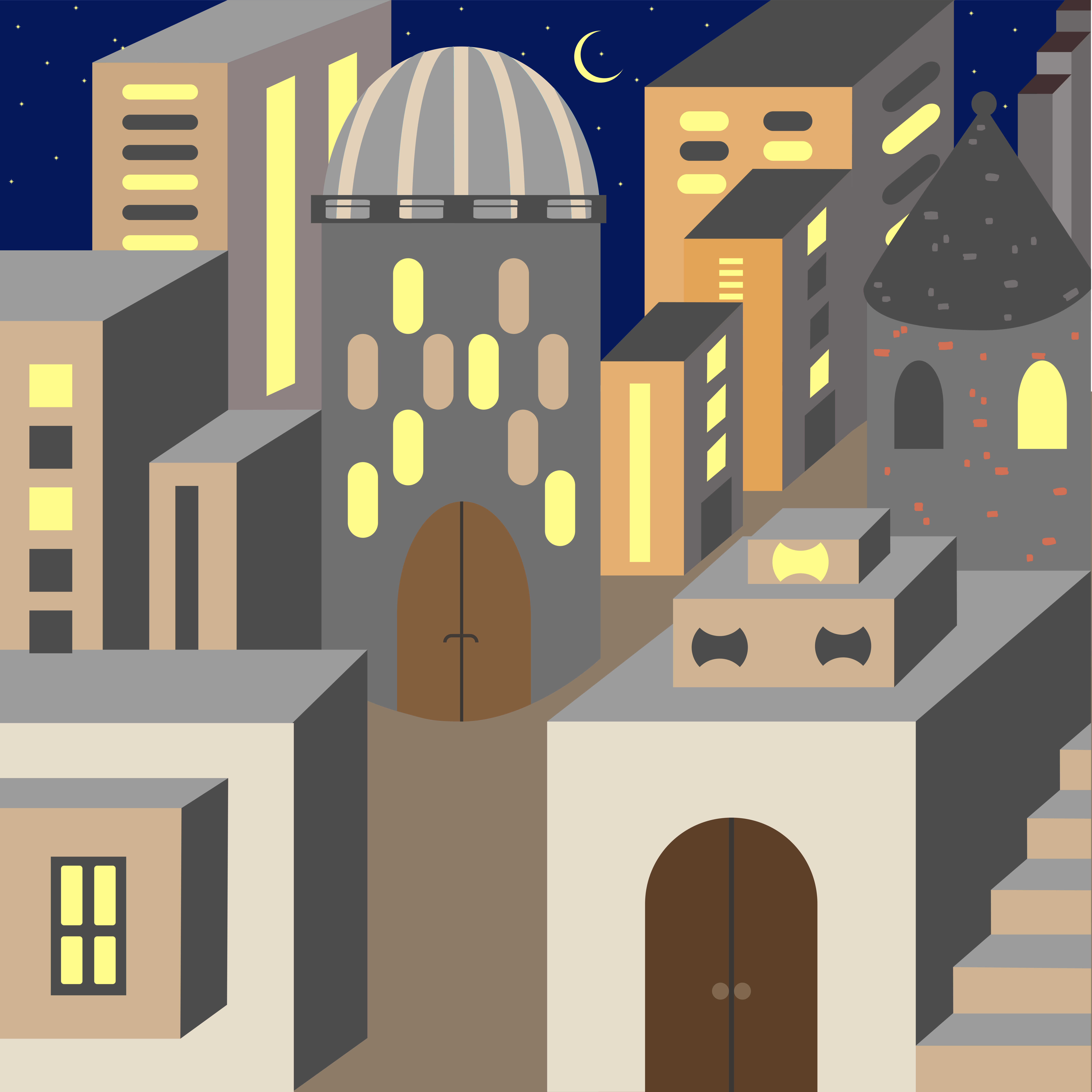 Une ville stylisée la nuit avec des fenêtres éclairées et un croissant de lune