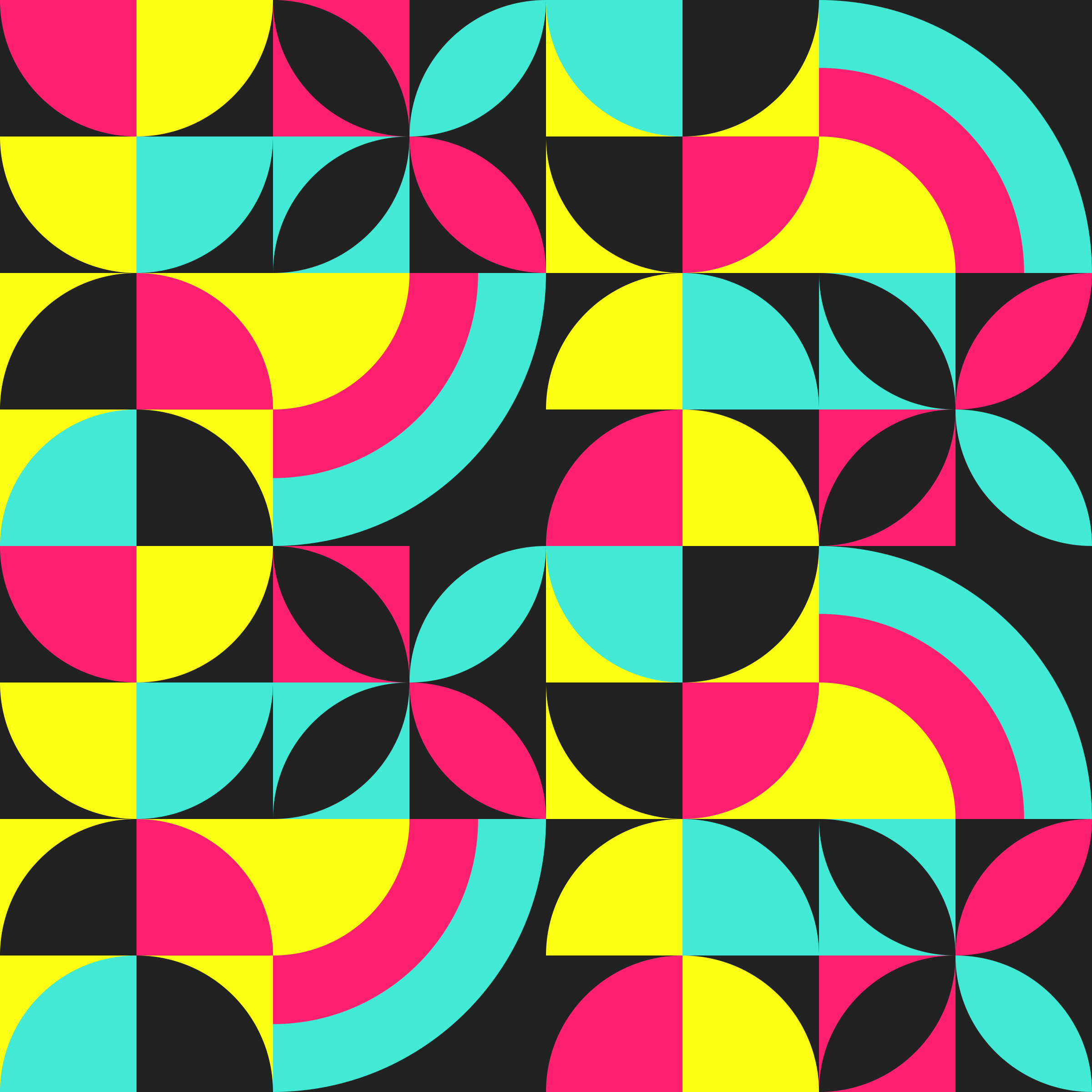 A geometric pattern of yellow, pink, turquoise, and black circles and arcs