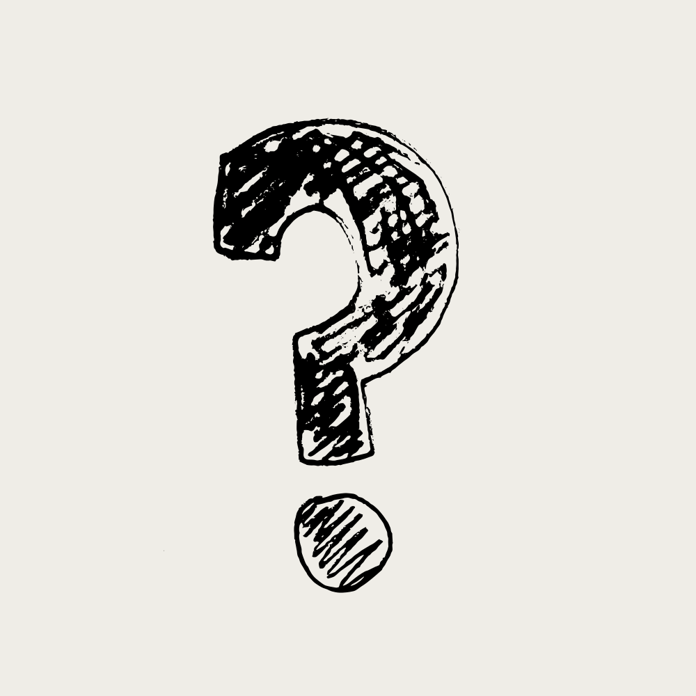 A hand-drawn black question mark with scribbled texture on a light background