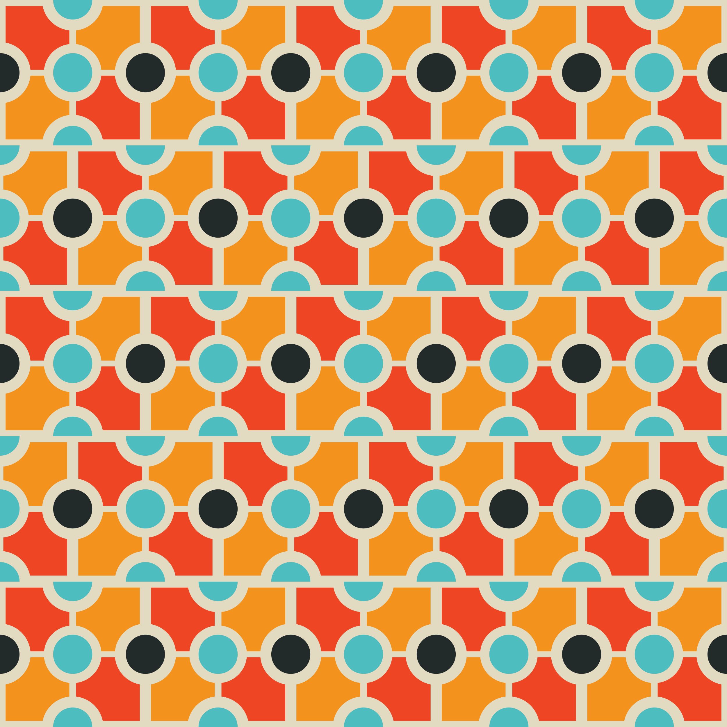 A seamless geometric pattern of orange, red, black, and blue circles and squares