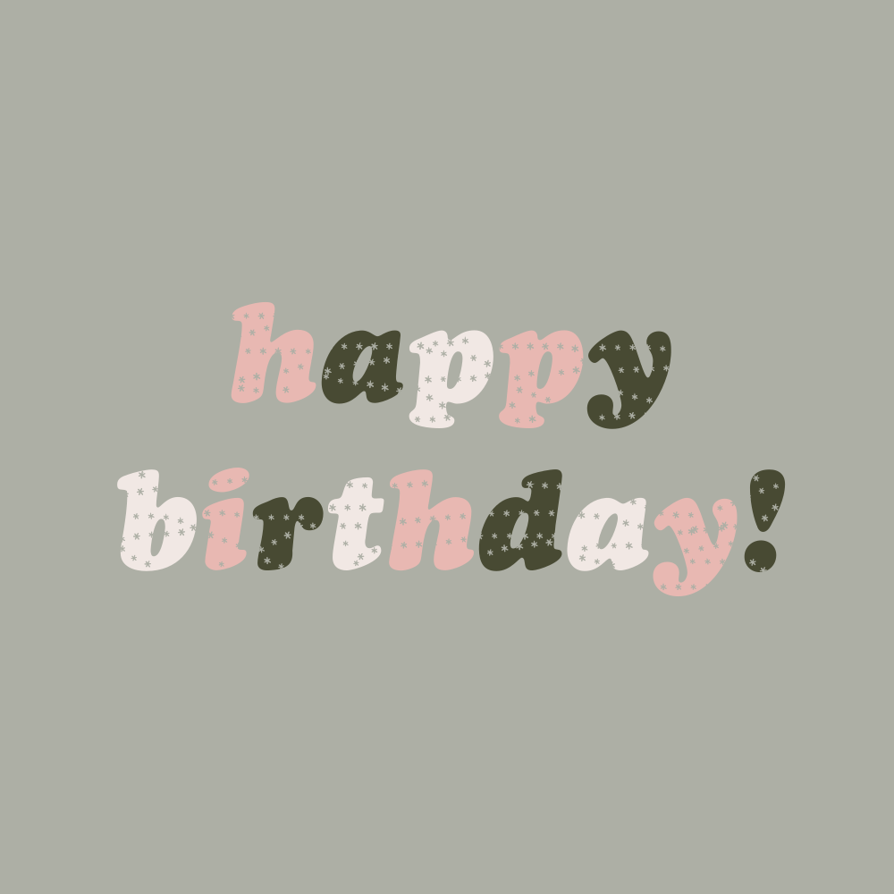 Die Worte "Happy Birthday" in pinken, weißen und dunkelgrün gemusterten Buchstaben
