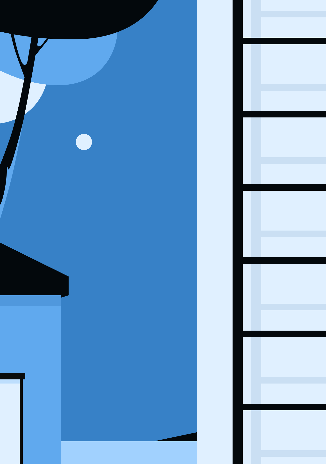 A minimalist blue scene with a stylized tree, moon, and building facade