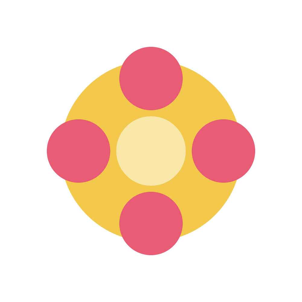 Vier rosa Kreise, die um einen zentralen, blassgelben Kreis auf goldenem Hintergrund angeordnet sind