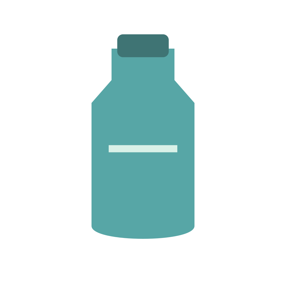 Una bottiglia teal con un cappuccio teal scuro e una striscia orizzontale chiara