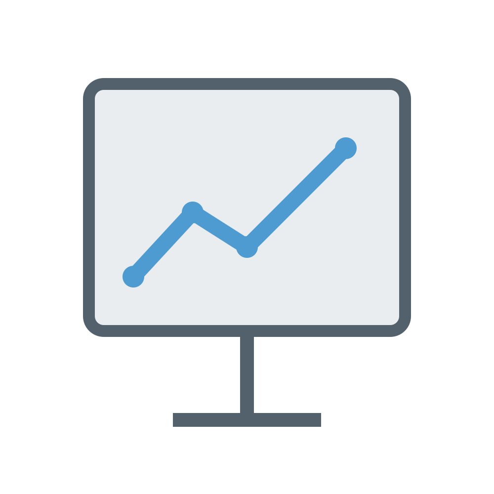 Grafik garis biru pada ikon monitor komputer putih